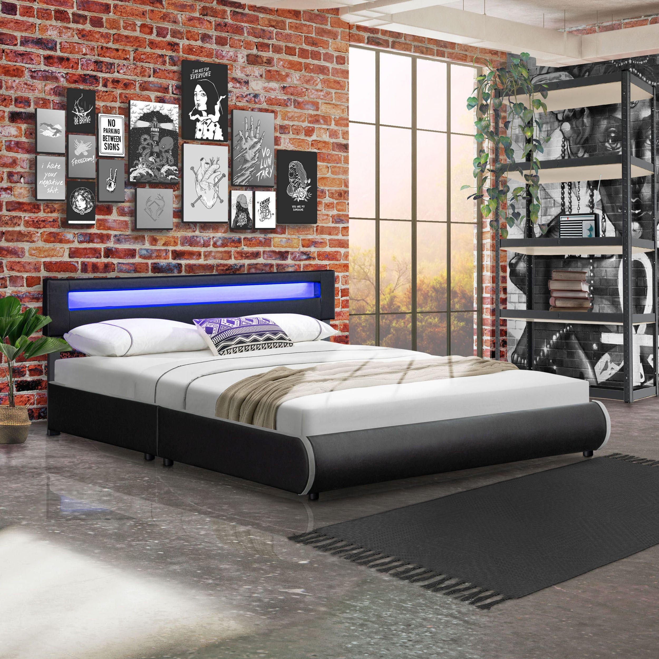 POLSTERBETT Sevilla schwarz mit Matratze 180x200cm inkl. LED - Schwarz, Textil (180/200cm) - Juskys