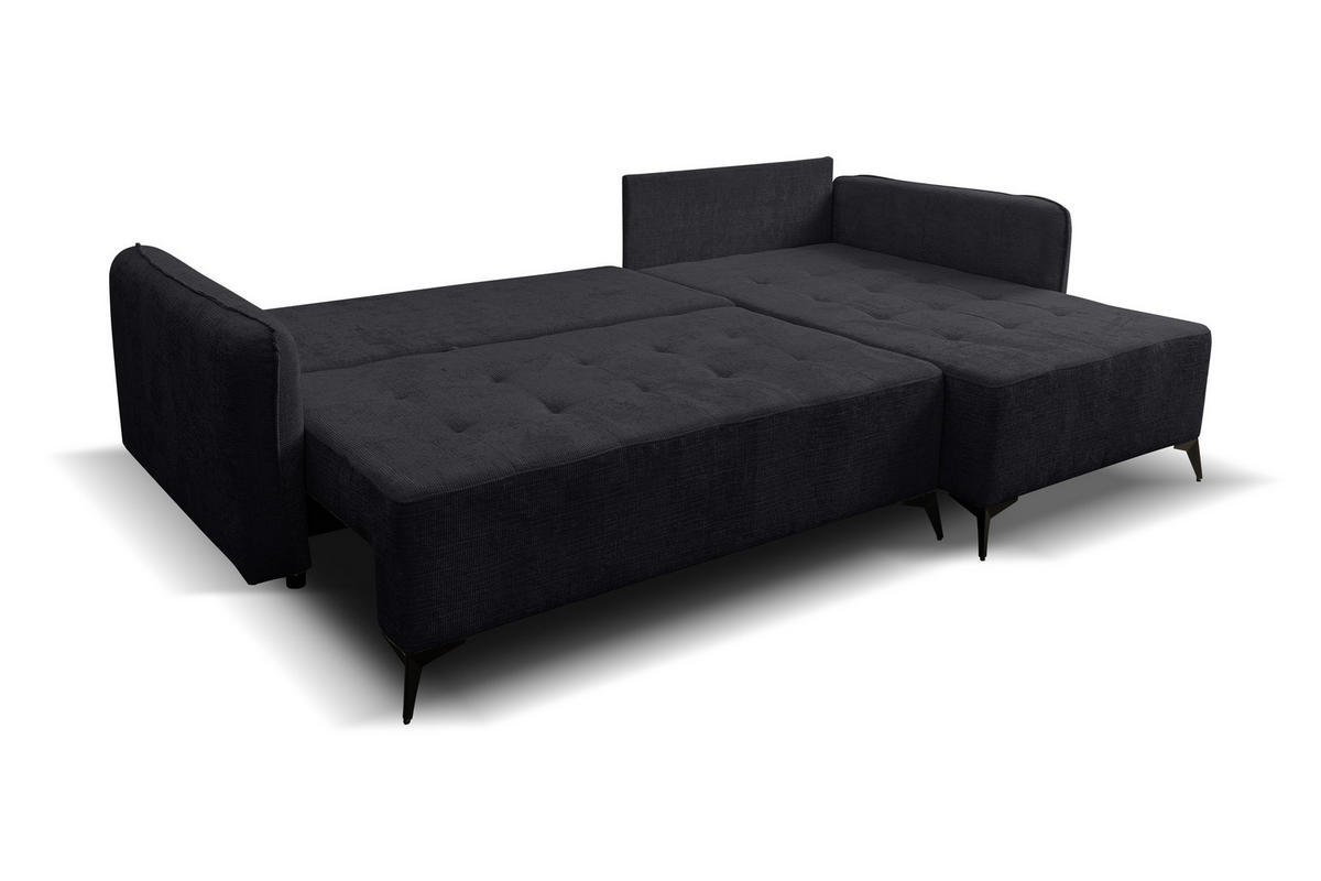 ECKSOFA Lucky in L-Form mit Schlaffunktion und Bettkasten, Farbe: Schwarz, Strukturstoff, Ottomane Links oder Rechts - Schwarz, Textil (275/160cm) - VENASI MÖBEL