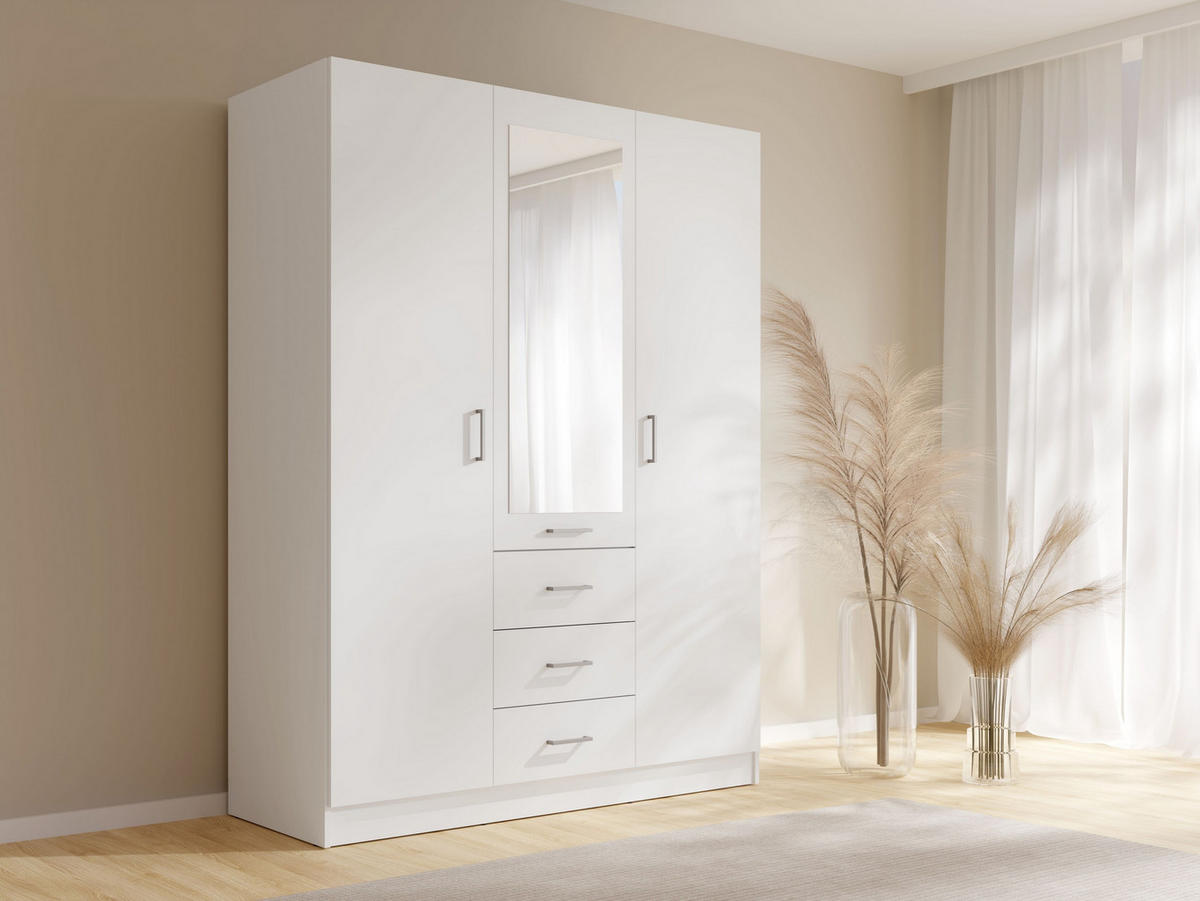 DREHTÜRENSCHRANK NEVARIS 150,5/200,5/58cm 3-türig mit Spiegel Weiß - Weiß, Holzwerkstoff (150.5/200.5/58cm) - MASSENO