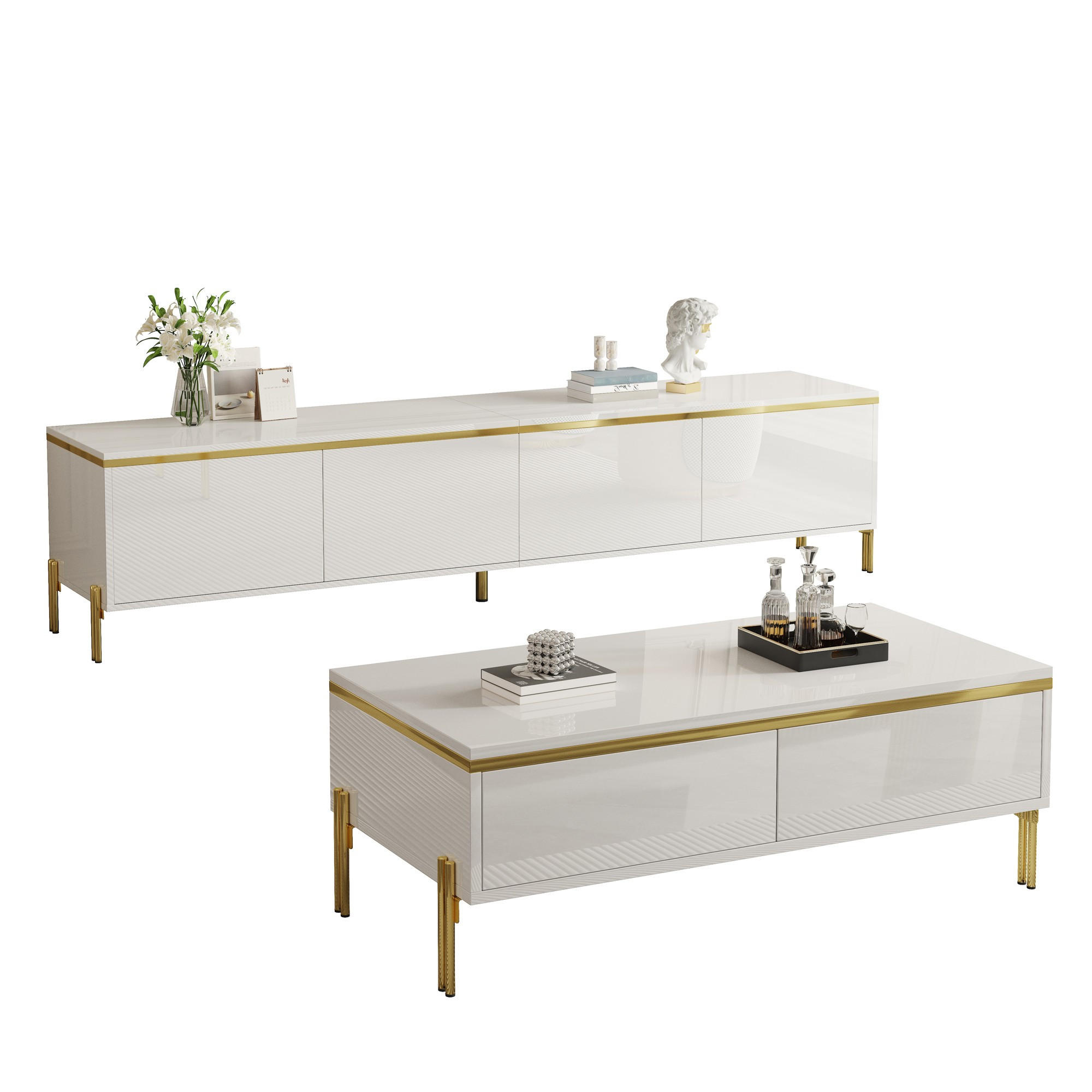 TV- & COUCHTISCH-SET Hochglanz Goldkante Stauraum modern Luxus - Weiß, Holzwerkstoff (38/50/170cm) - FLIEKS