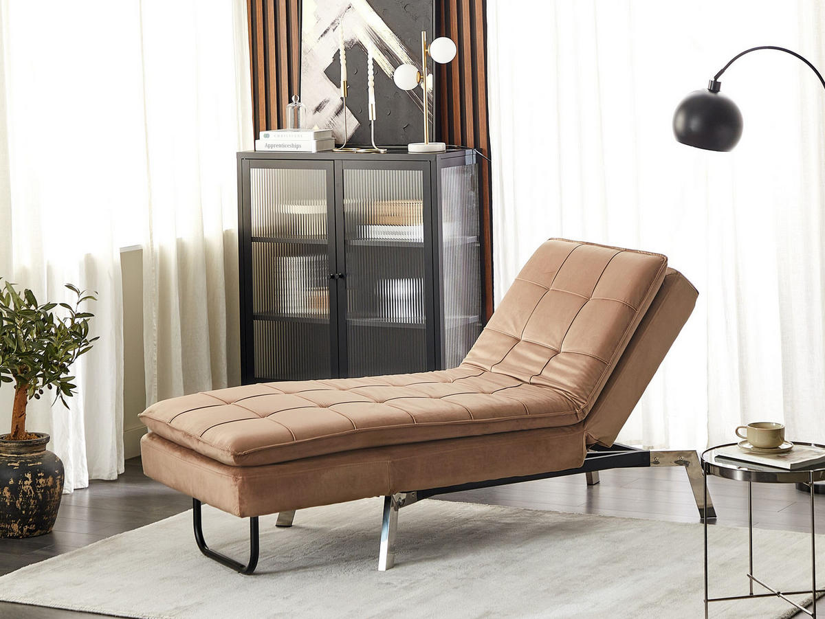 RELAXLIEGE Samtstoff hellbraun verstellbar Loiret - Silberfarben/Braun, Textil (179/93/76cm) - Beliani