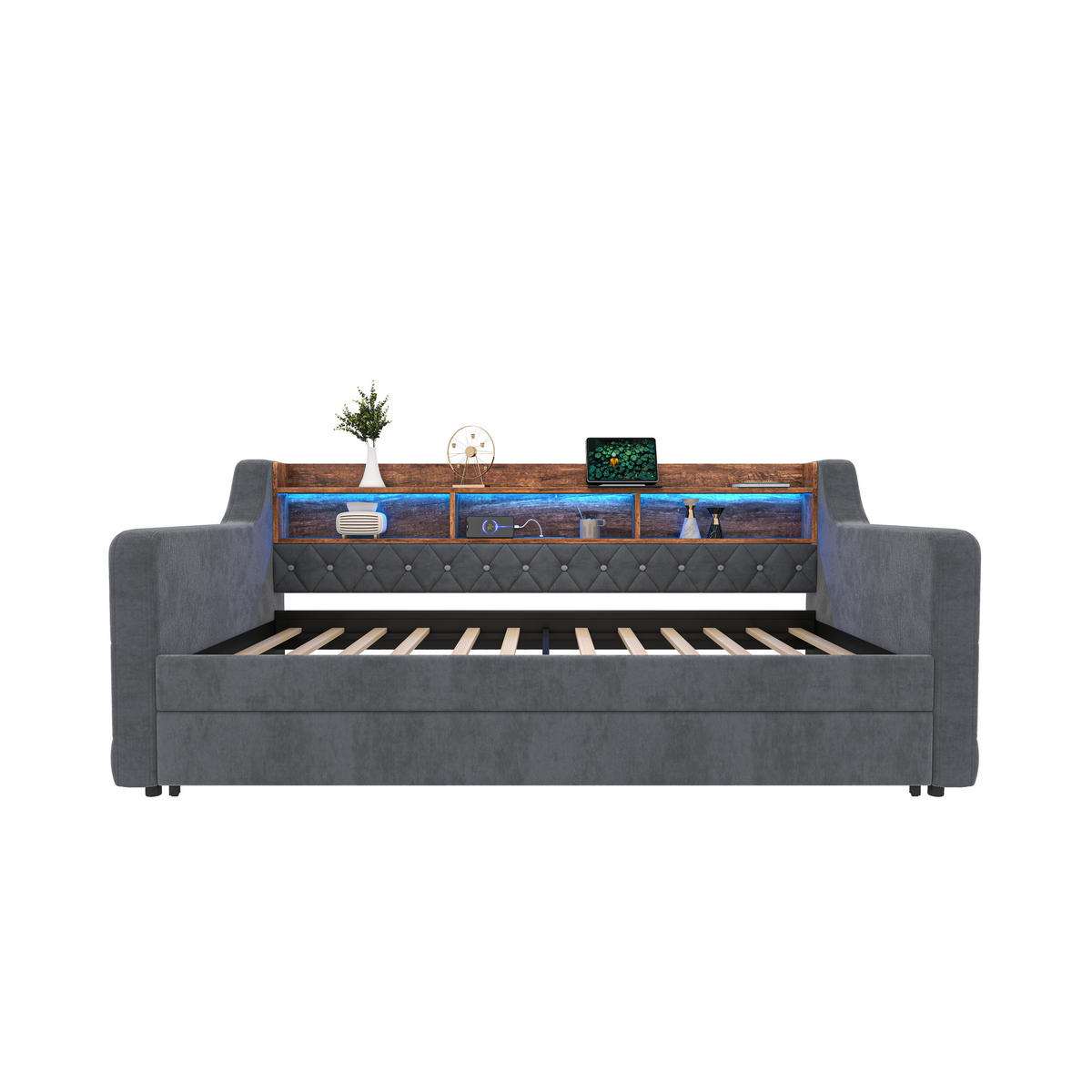 POLSTERBETT aus Samt 90x190 cm in Dunkelgrau mit LED & USB-C-Anschluss - Dunkelgrau, Textil (90/190cm) - Modfu