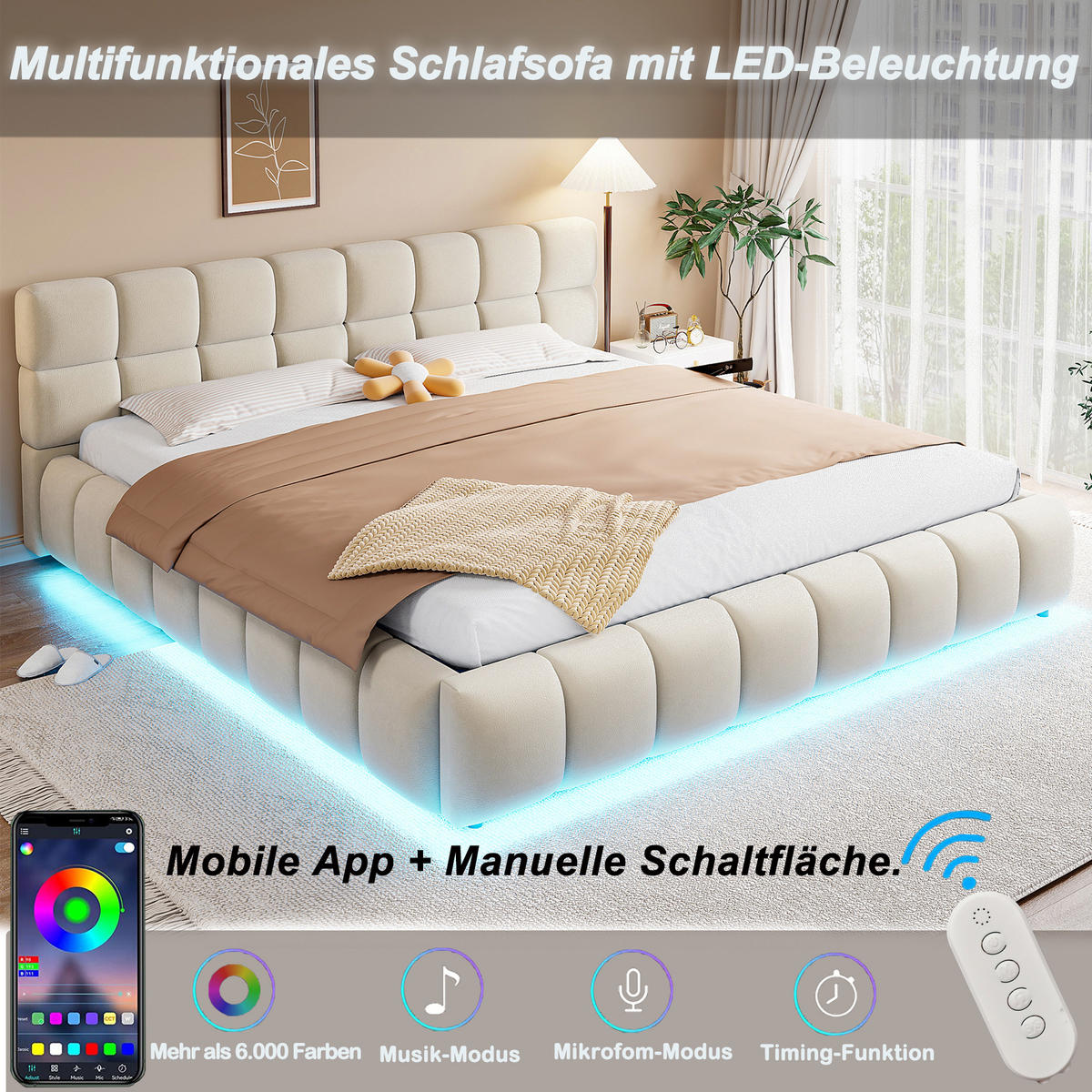 POLSTERBETT 180/200 cm in Beige mit Bettkasten und LED Samt - Beige, Holzwerkstoff/Textil (180/200cm) - STILVORA