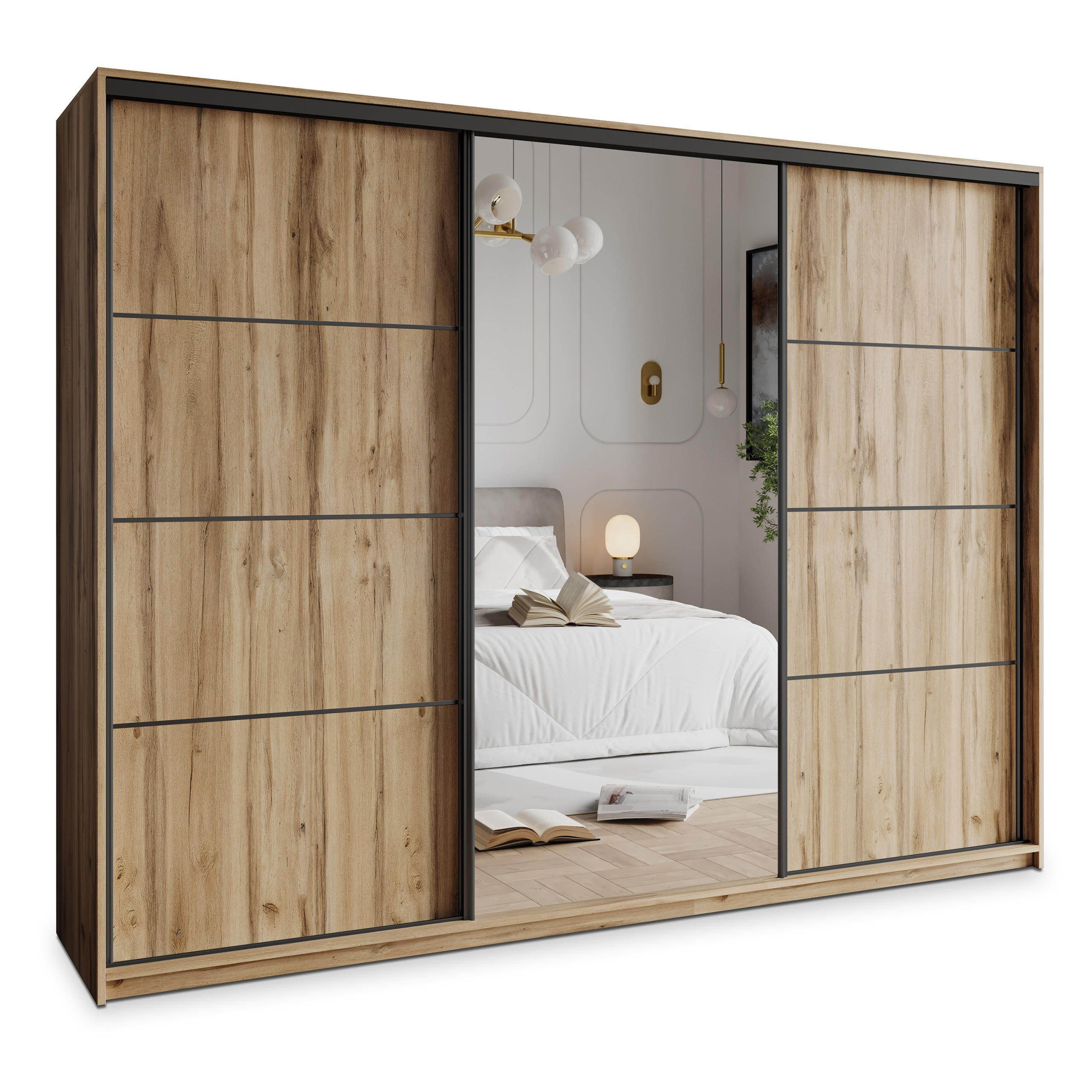 SCHWEBETÜRENSCHRANK VARO 270/205/60 cm 3-türig mit Spiegel Eiche Wotan - Eiche Wotan, Holzwerkstoff (270/205/60cm) - MASSENO