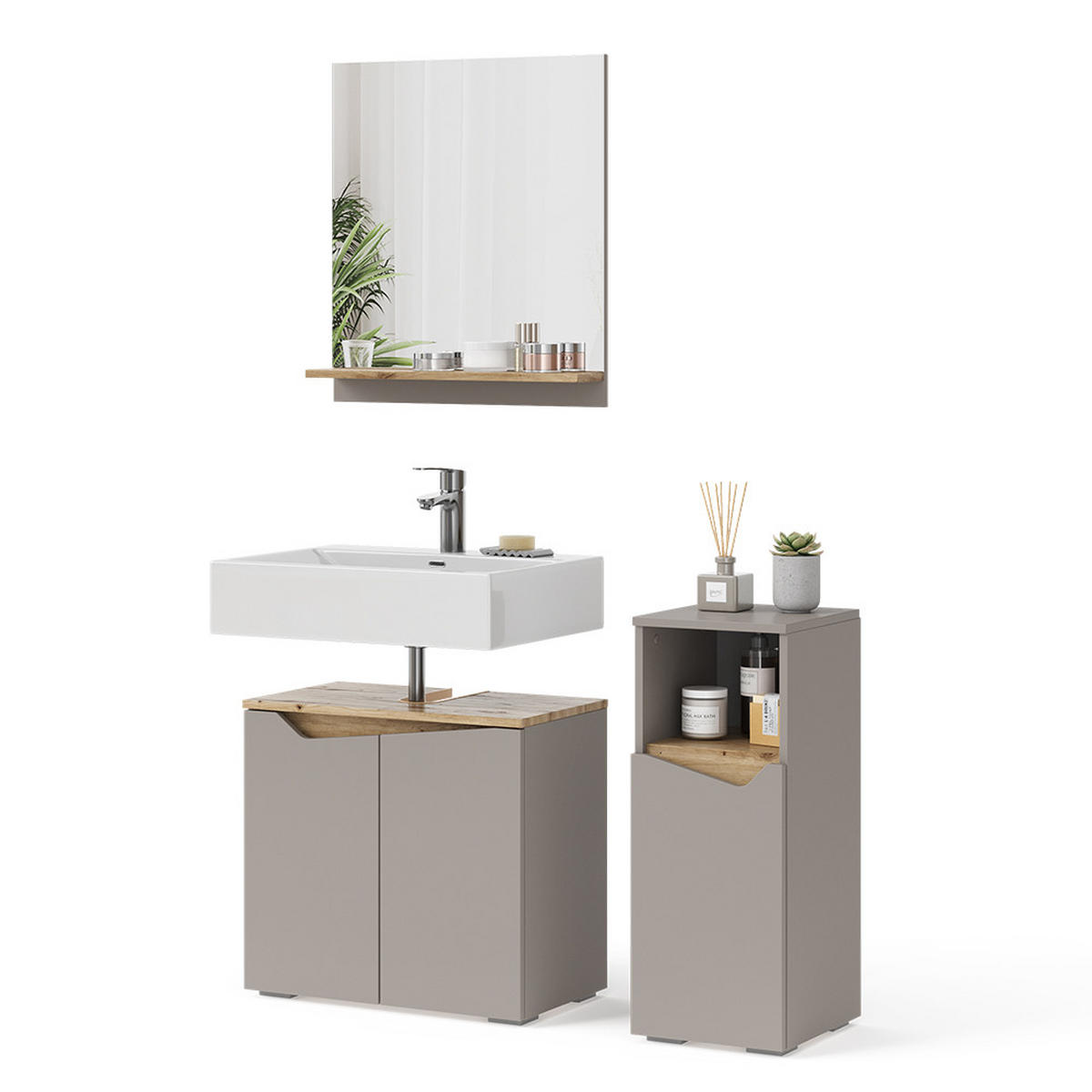 BADMÖBEL-KOMBINATION Marelle Greige 3 Teile, mit Midischrank - Greige, Holzwerkstoff (60/57/35cm) - Vicco