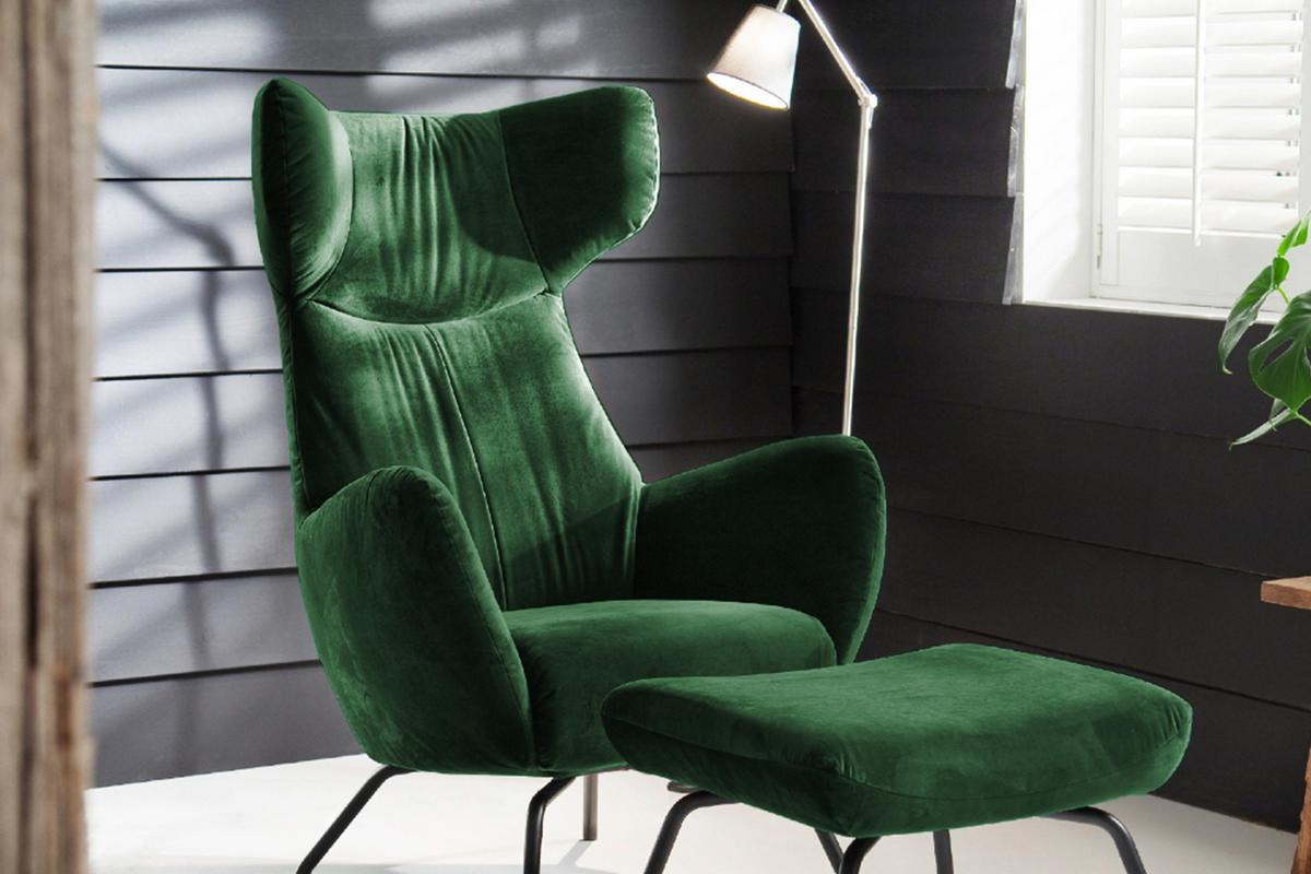 SESSEL MIT HOCKER LOTTE Smaragdgrün Velvet - Smaragdgrün/Schwarz, Textil (79/117/82cm) - KAWOLA