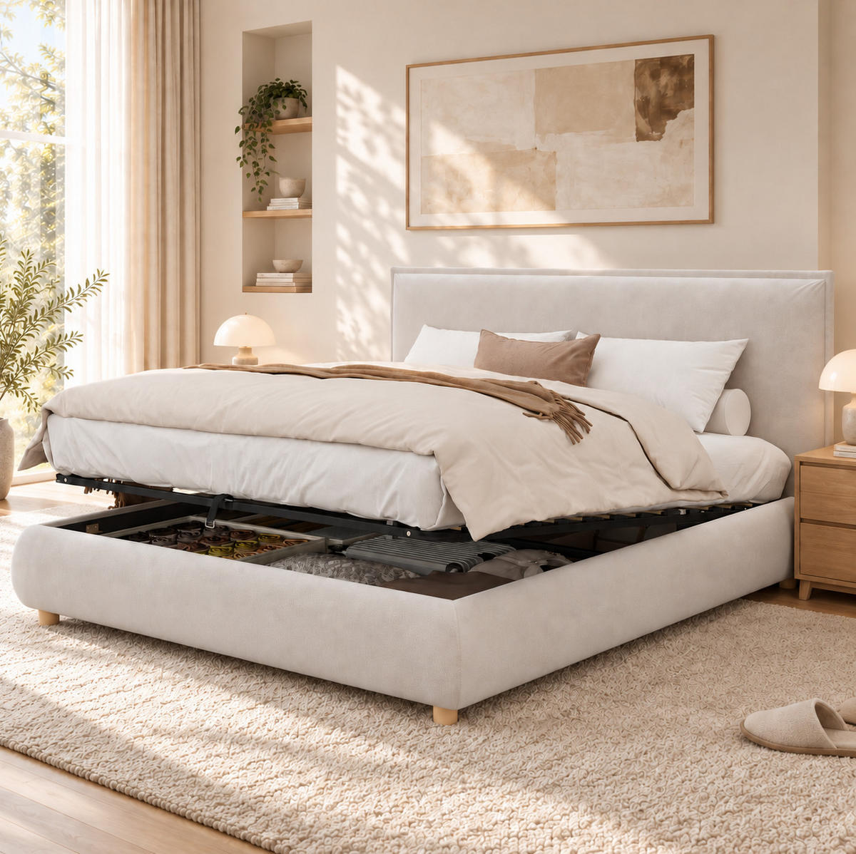 POLSTERBETT aus Samt 160x200 cm Creme mit hydraulischem Bettkasten und Lattenrost - Creme, Textil (160/200cm) - Modfu