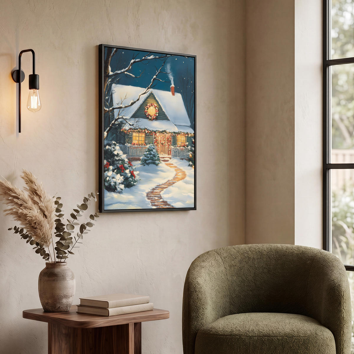 LEINWAND Bilder mit Rahmen - Weihnachten - Weihnachtsbaum - Winter - Zuhause - Schnee - 60x80 - Smaragdgrün, Textil (60/80cm) - MuchoWow