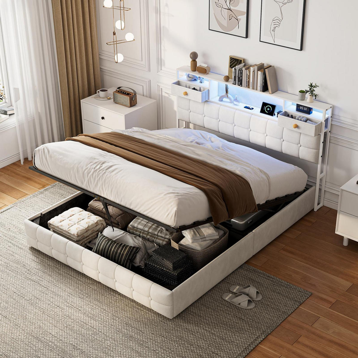 BETT mit hydraulischem Bettkasten, 160/200 cm, mit Samtbezug, LED-Beleuchtung und USB-Anschlüssen, Beige - Beige, Textil/Metall (160/200cm) - Waldena