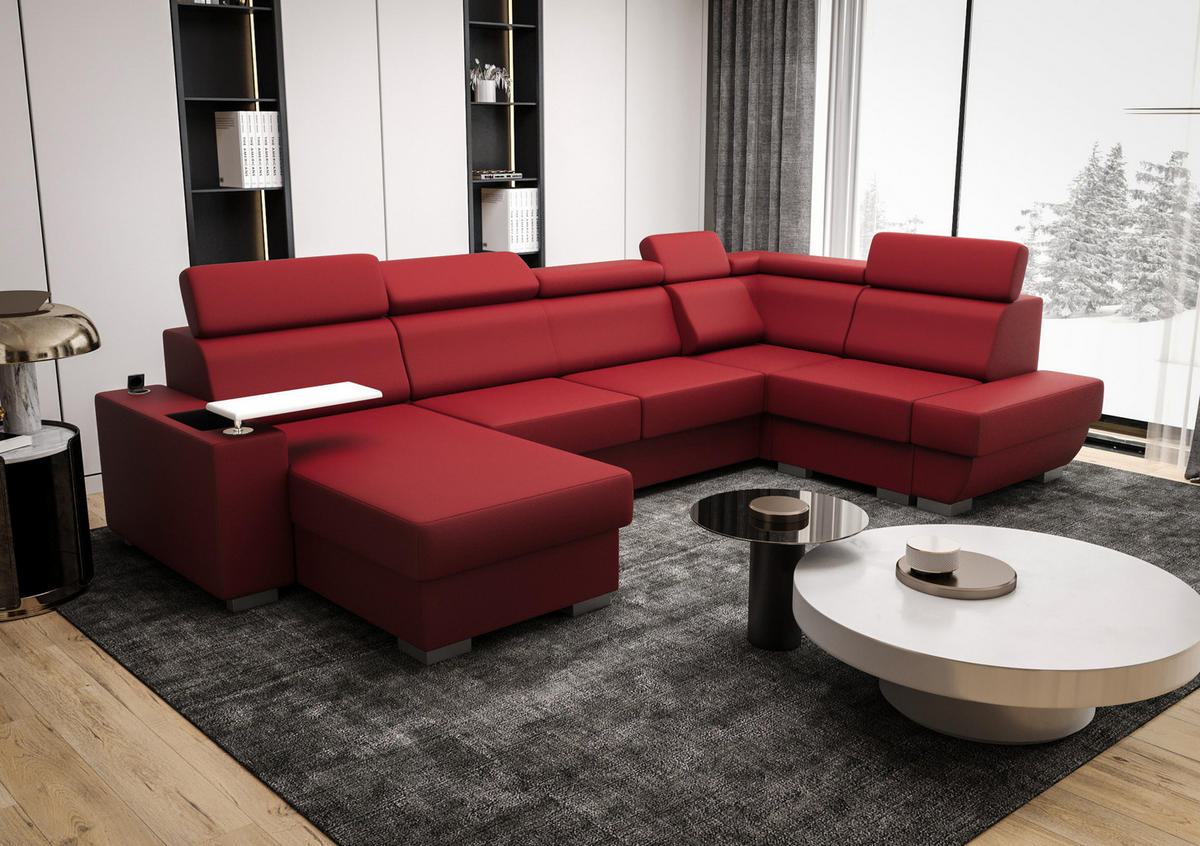 WOHNLANDSCHAFT KONGO RBN20, Eckcouch in U-Form mit Schlaffunktion, Farbe: Rot, Kunstleder, Ottomane Links - Rot, Textil (340/103/200cm) - O-Sofa