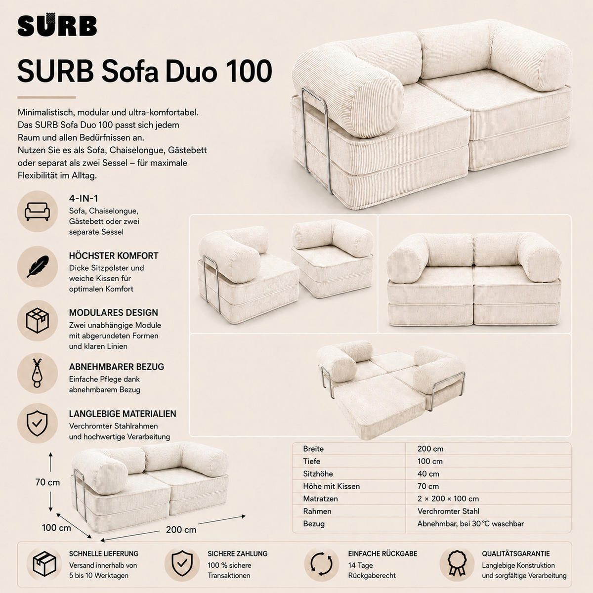 SOFA SURB Duo 100 Schlafsofa 2-Sitzer Khaki 200/100 cm - Chromfarben/Grün, Textil/Metall (200/70/100cm) - SURB