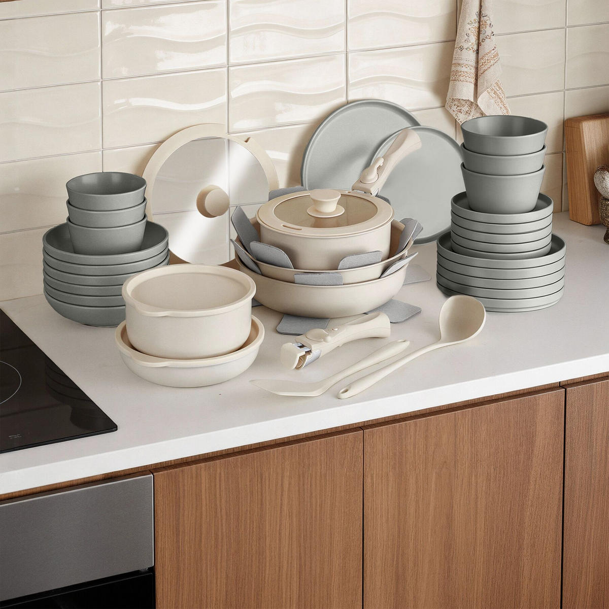 KÜCHENSTARTERSET 40er Set Una/Genua, inklusive Küchenwerkzeugen, Topfschonern und anklemmbaren Griffen, grau/weiß - Weiß/Grau, Keramik (27.5/13/44cm) - tectake
