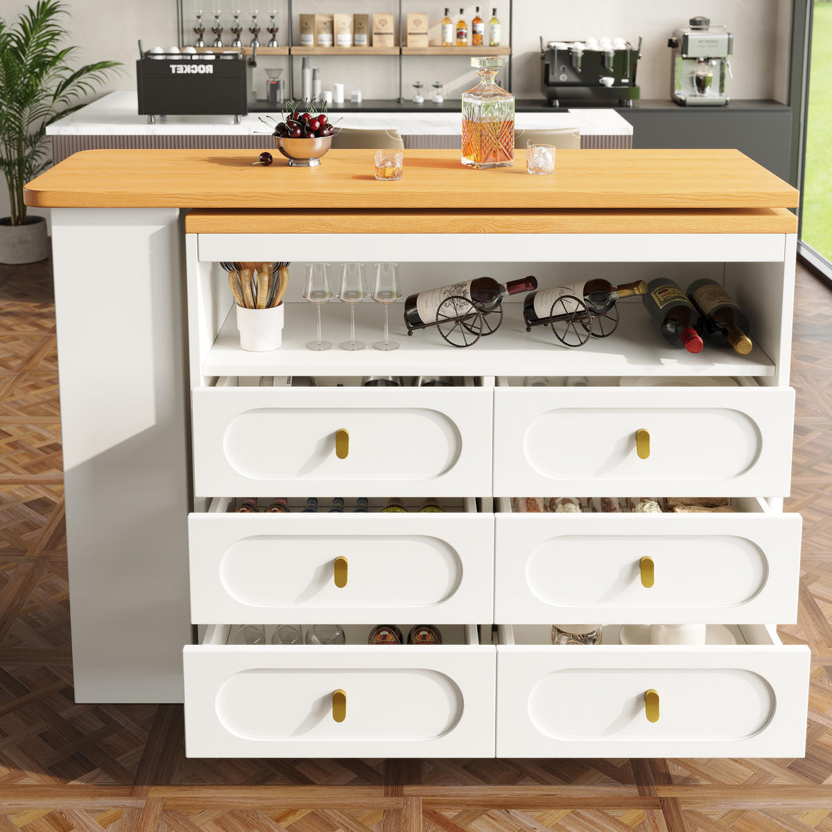 KÜCHENINSEL Weiß ausziehbar mit 360° Drehung, Rollen & Schubladen - Weiß, Holz (39/90/203cm) - SHOPENTRA