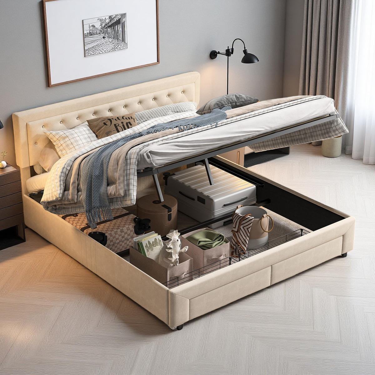 POLSTERBETT 180/200 cm Beige mit Bettkasten und Schubladen - Beige, Holz (180/200cm) - SHOPENTRA