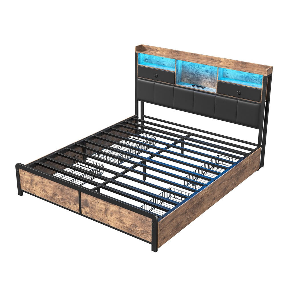 METALLBETT 140 x 200 cm mit 6 Schubladen - Kopfteil-Ablage mit LED-Beleuchtung und Steckdosen & USB-Anschlüsse - Braun, Metall (140/200cm) - DELFA