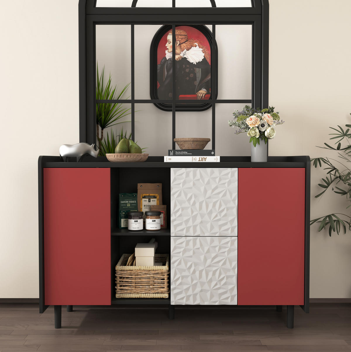 SIDEBOARD 40/120/80 cm schwarz/rot aus MDF mit 2 Schubladen - Schwarz, Holzwerkstoff (120/80/40cm) - OKWISH