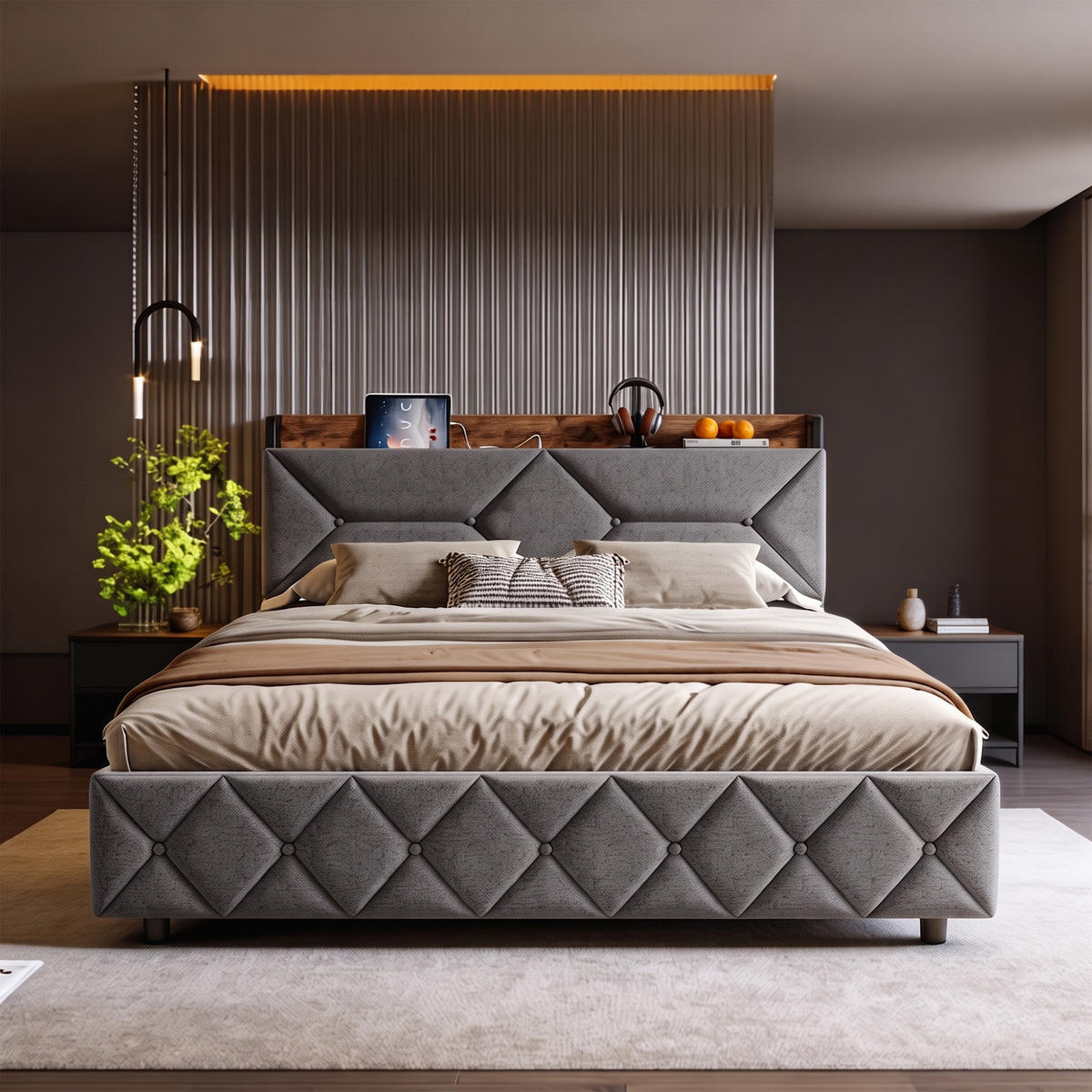 POLSTERBETT 140x200 mit Stauraum, 4 Schubladen und Steckdose, Lattenrost, Kopfteil mit verstecktem Stauraum, Grau - Grau, Holz/Textil (140/200cm) - GENKI LIVING