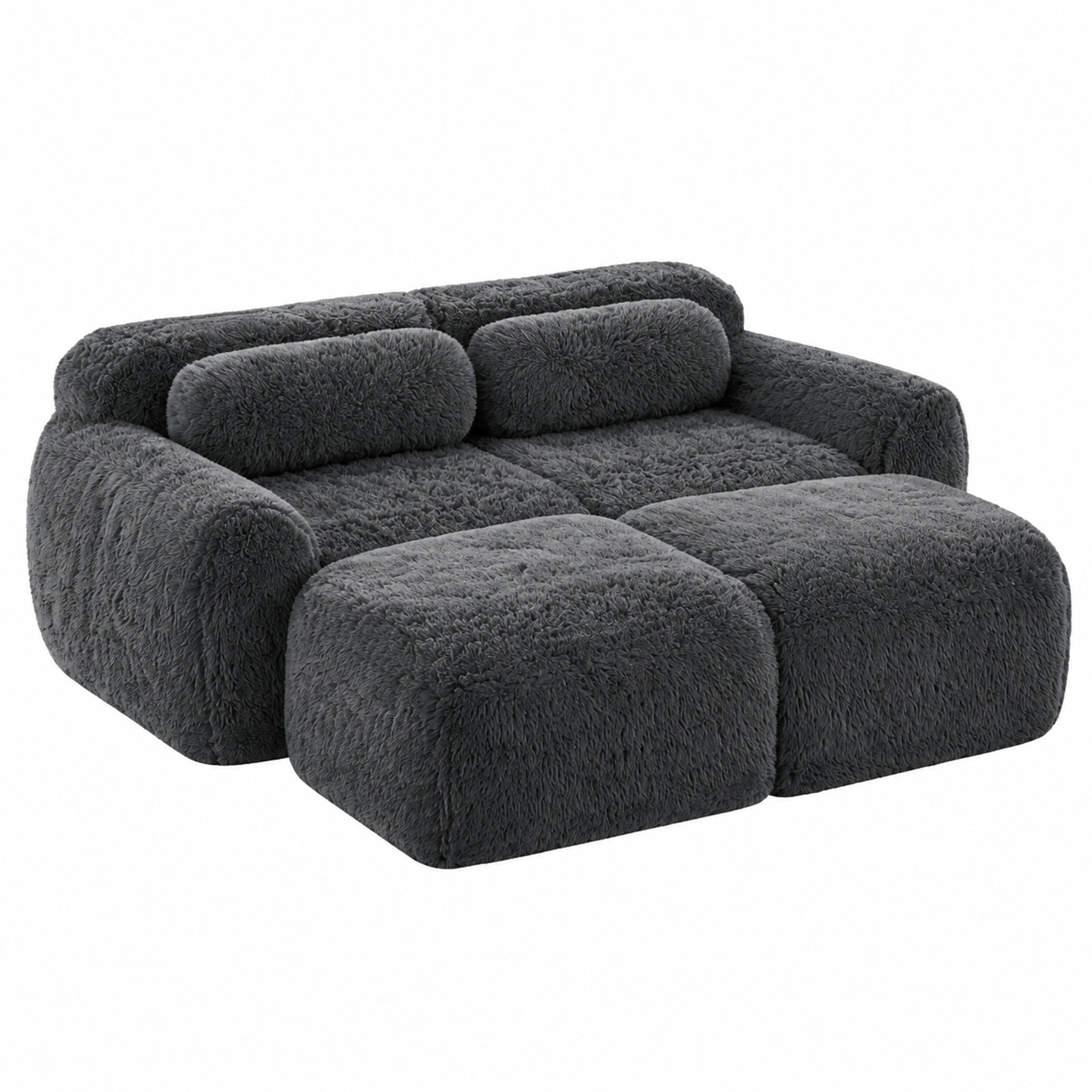 SOFA modular mit 2 Ottomans Plüsch Grau - Grau, Kunststoff (179/73/204.1cm) - Meubliv