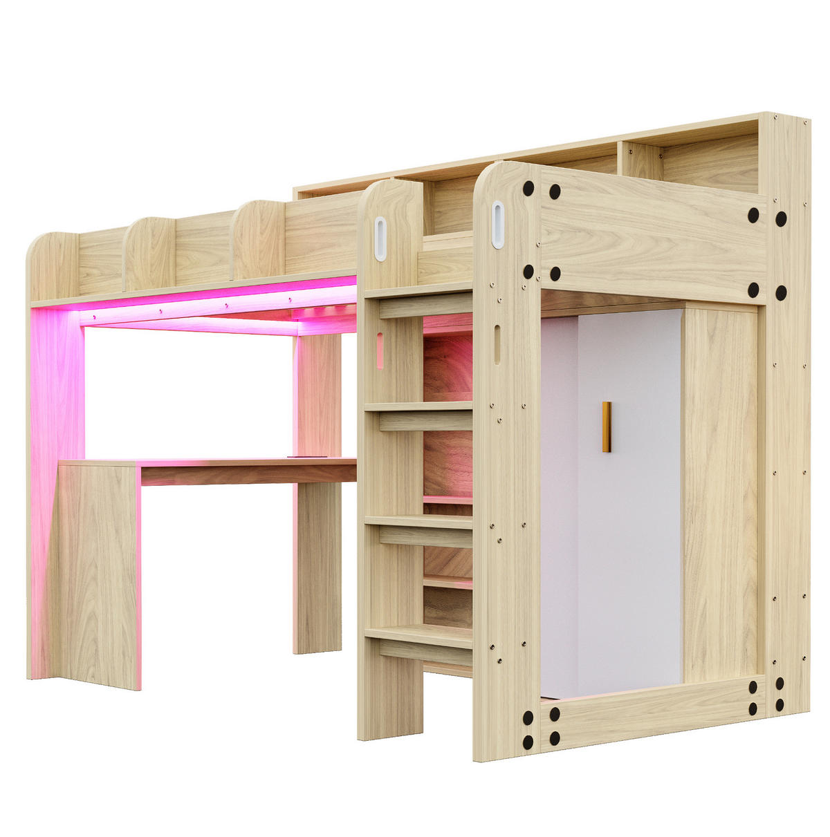HOCHBETT 90/200 cm mit Schreibtisch, Kleiderschrank, Stauraum, LED-Beleuchtung und Steckdose, Holzfarbe - Naturfarben, Holzwerkstoff (90/200cm) - Redom