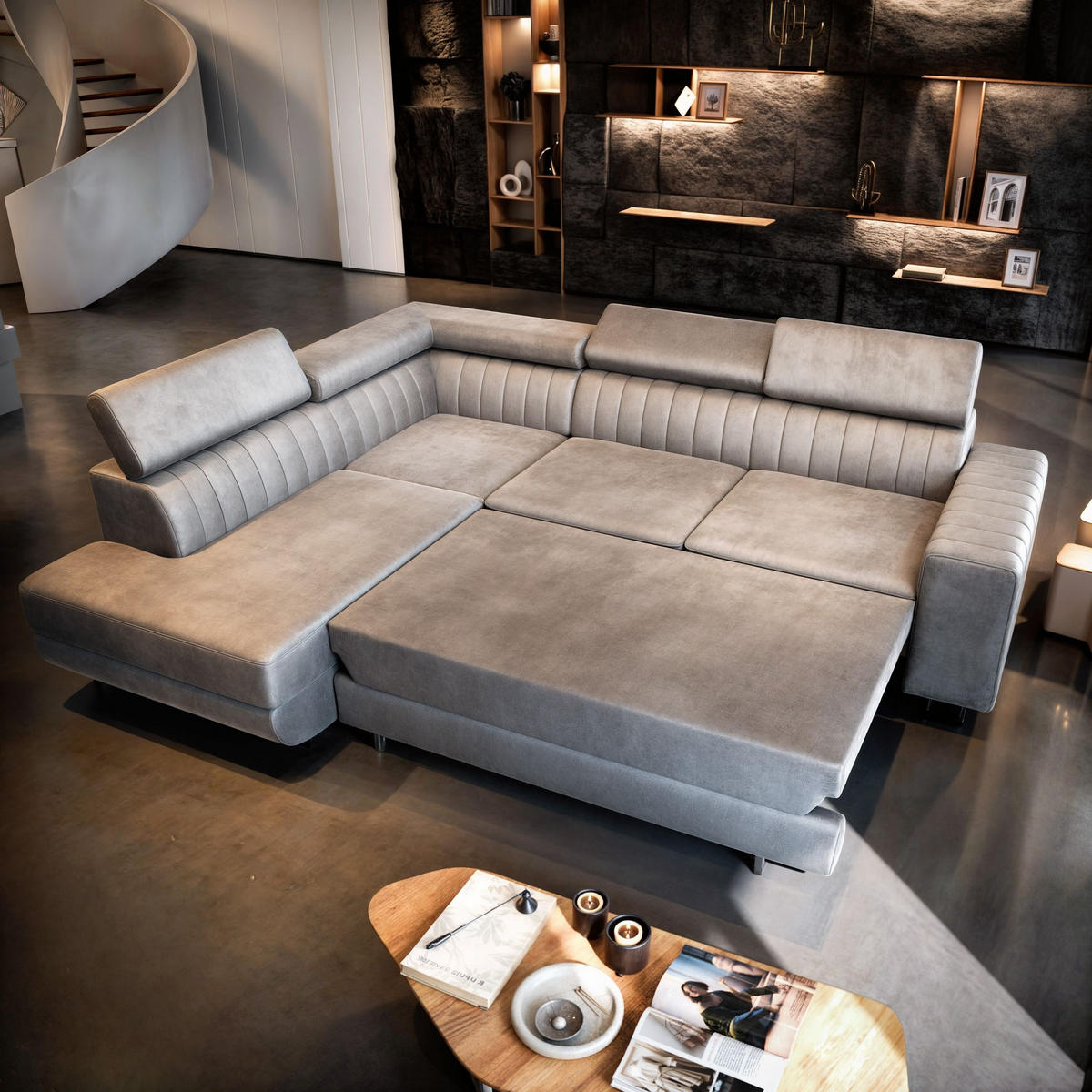 ECKSOFA NOLA L-S Beige Velours-Stoff mit Schlaffunktion - Beige, Holz (253/190cm) - MASSENO