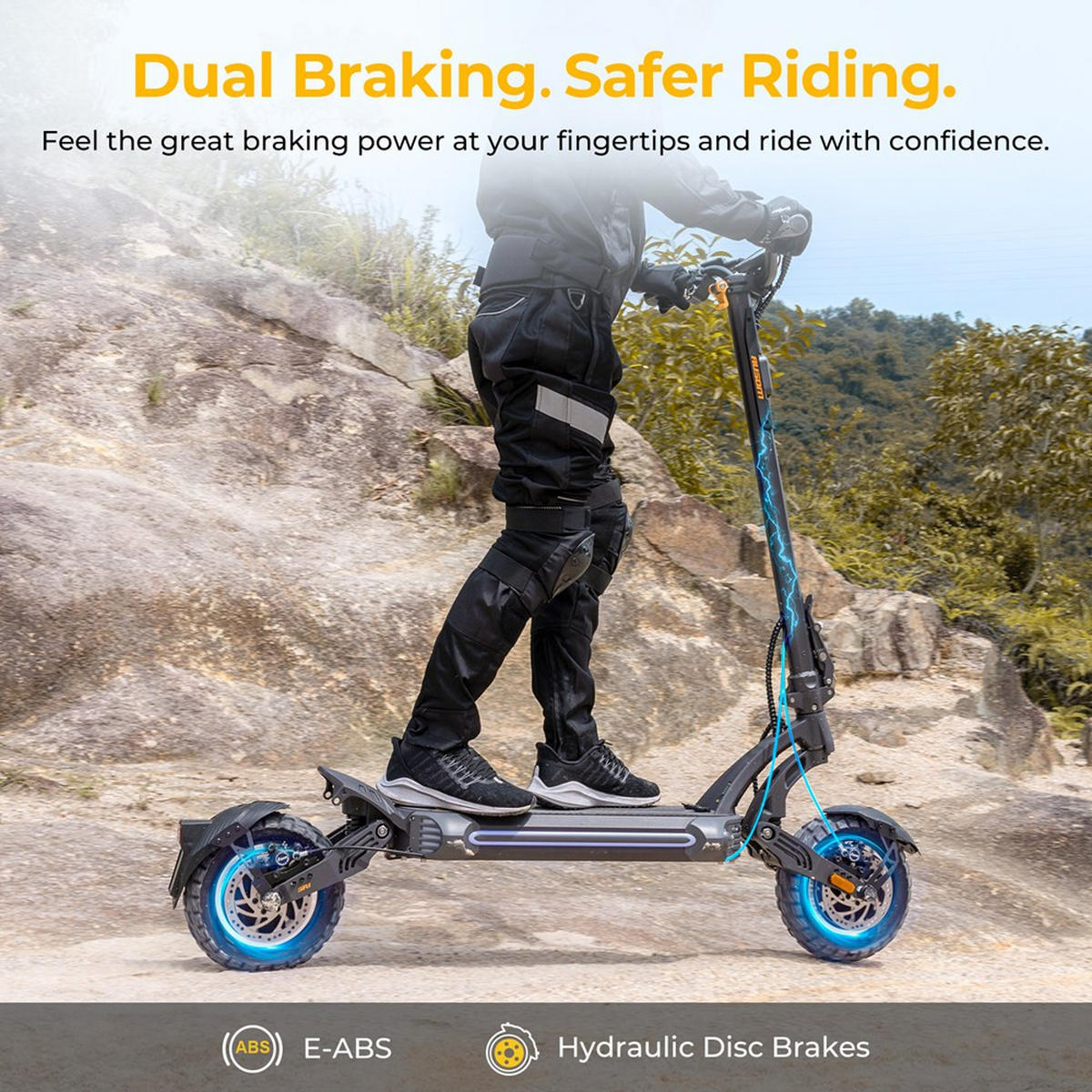 E-SCOOTER Ausom SR1 Dual Motor mit 2000W Leistung, 95 km Reichweite, NFC-Entsperrung, hydraulischen Bremsen und Offroad-Design - Dunkelgrau, Metall (62cm)