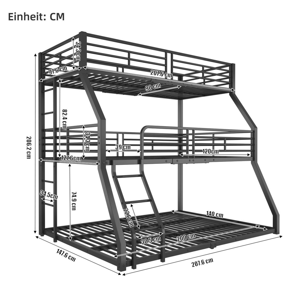 ETAGENBETT 90/200 cm aus Metall mit 3 Schlafplätzen und Sicherheitsgeländern - Schwarz, Metall (90/200cm) - BEAOK