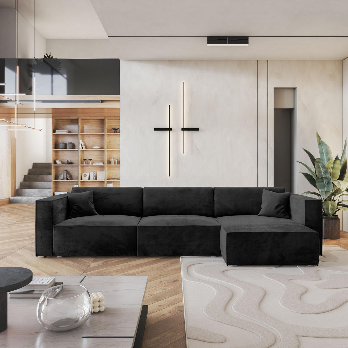 ROHOVÁ SEDAČKA TOLMO černá - šedá/černá, dřevo/textil (347/148cm) - MASSENO