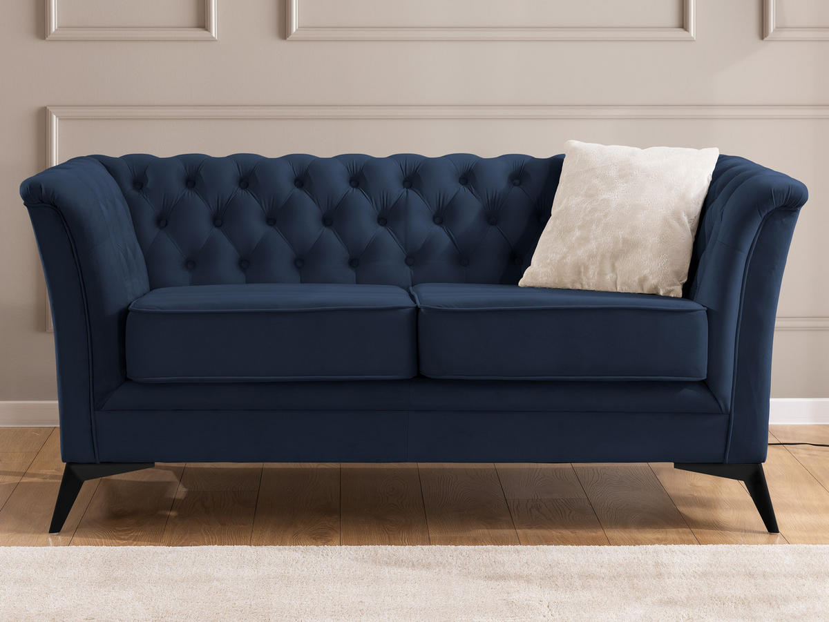 SITZGARNITUR 2+1 Chesterfield Whitby Marineblau Samt mit schwarzen Füßen - Blau/Schwarz, Holz/Textil (175/78/82cm) - S-Style Möbel