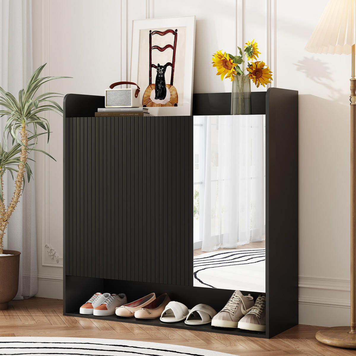 SCHUHSCHRANK 110/35,5/110 cm in Schwarz mit Spiegel und verstellbaren Einlegeböden - Schwarz, Holzwerkstoff (110/110/35.5cm) - Flora Grace