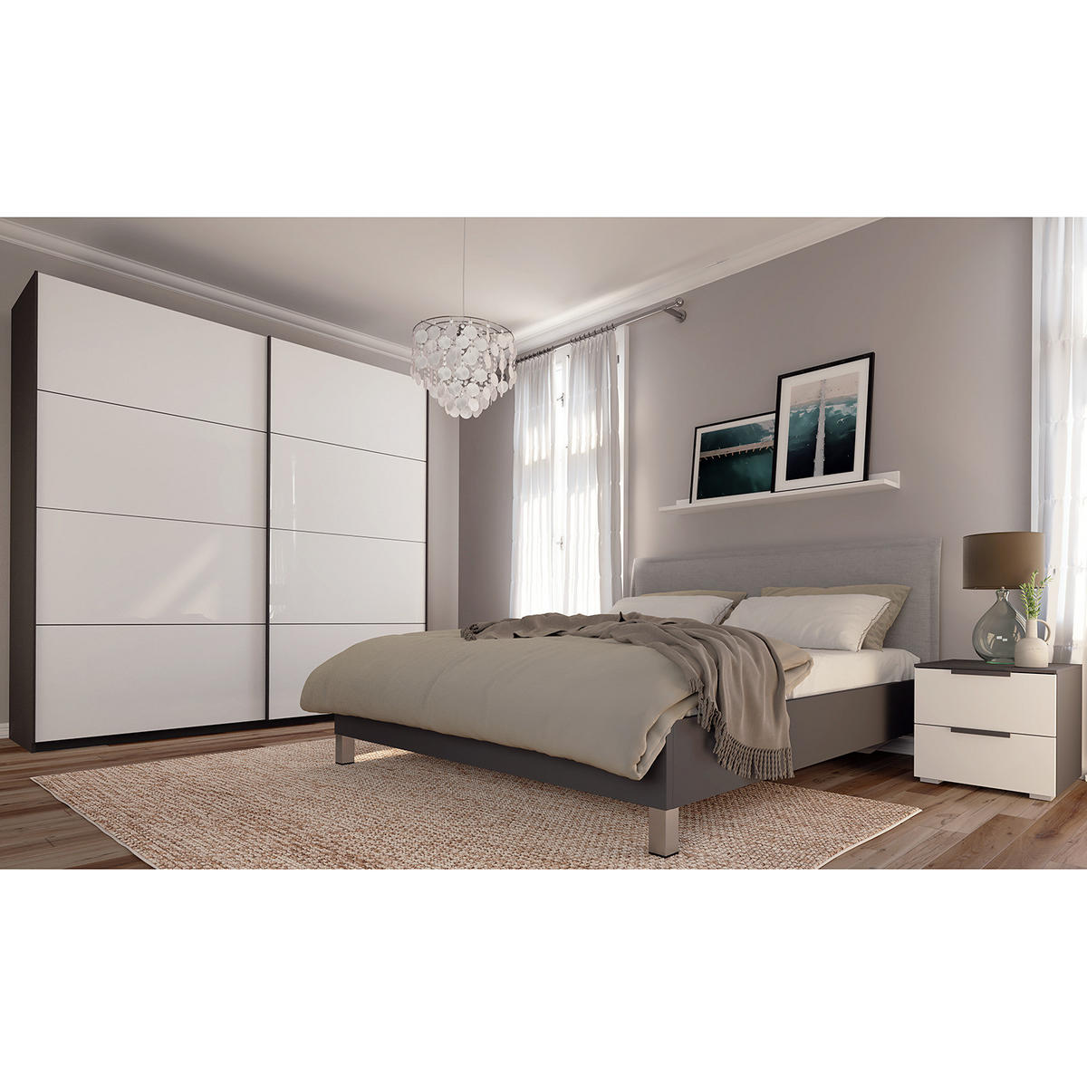 SCHWEBETÜRENSCHRANK - Weiß Hochglanz/Grau, Holzwerkstoff (225/222/68cm) - home24