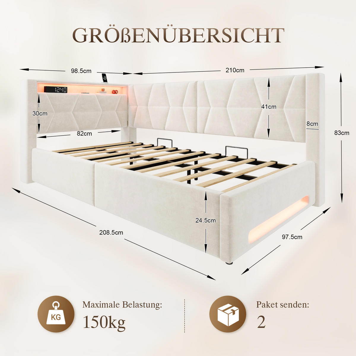 BOXBETT 90/200cm, LED/USB-C, Bettkasten, Lattenrost, Beige - Beige, Holz/Metall (90/200cm) - LVHOM