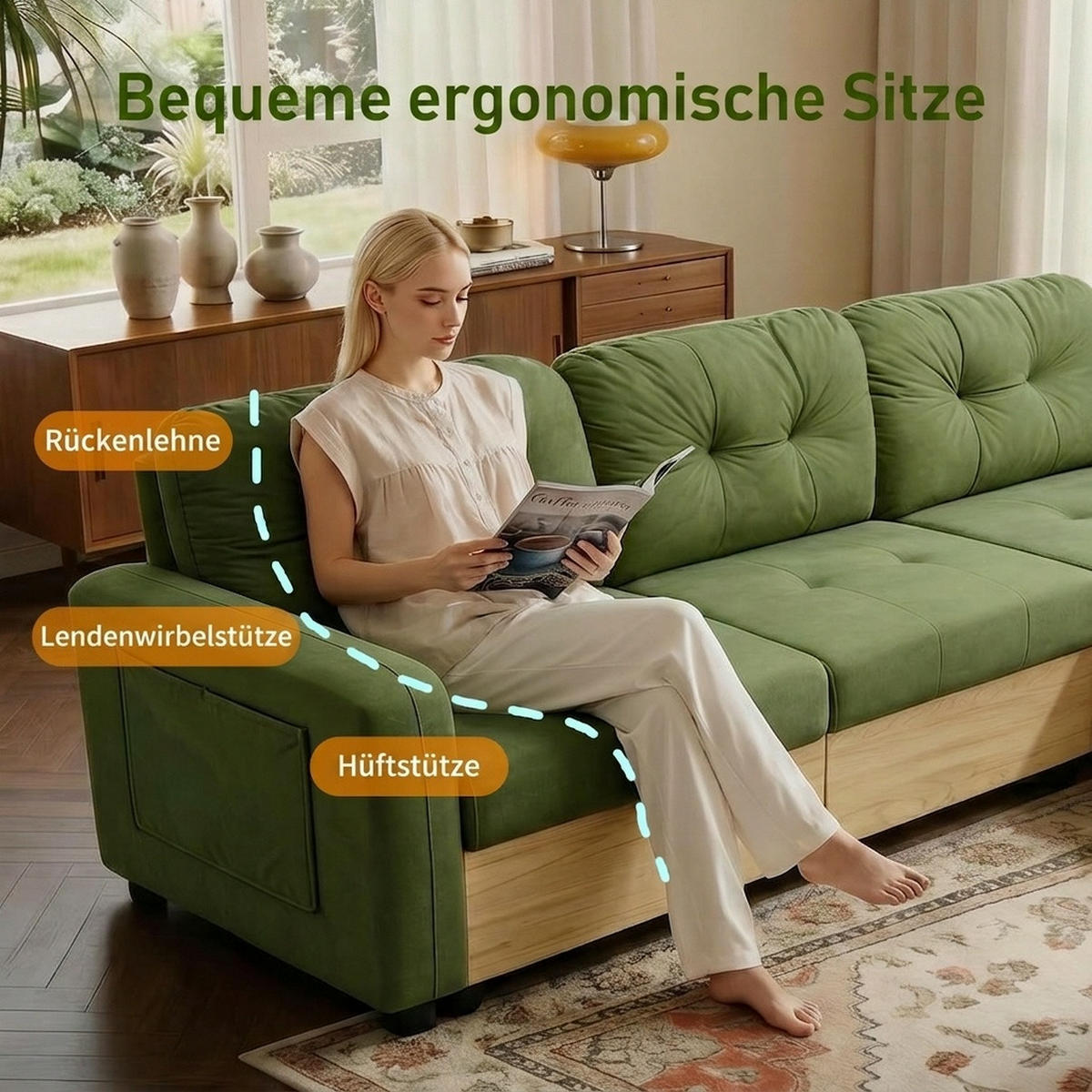 ECKSOFA 228/115/78 cm Grün mit ausziehbarer Ottomane, USB-Anschluss und Stauraum - Grün, Textil (228/80cm) - Oxeza