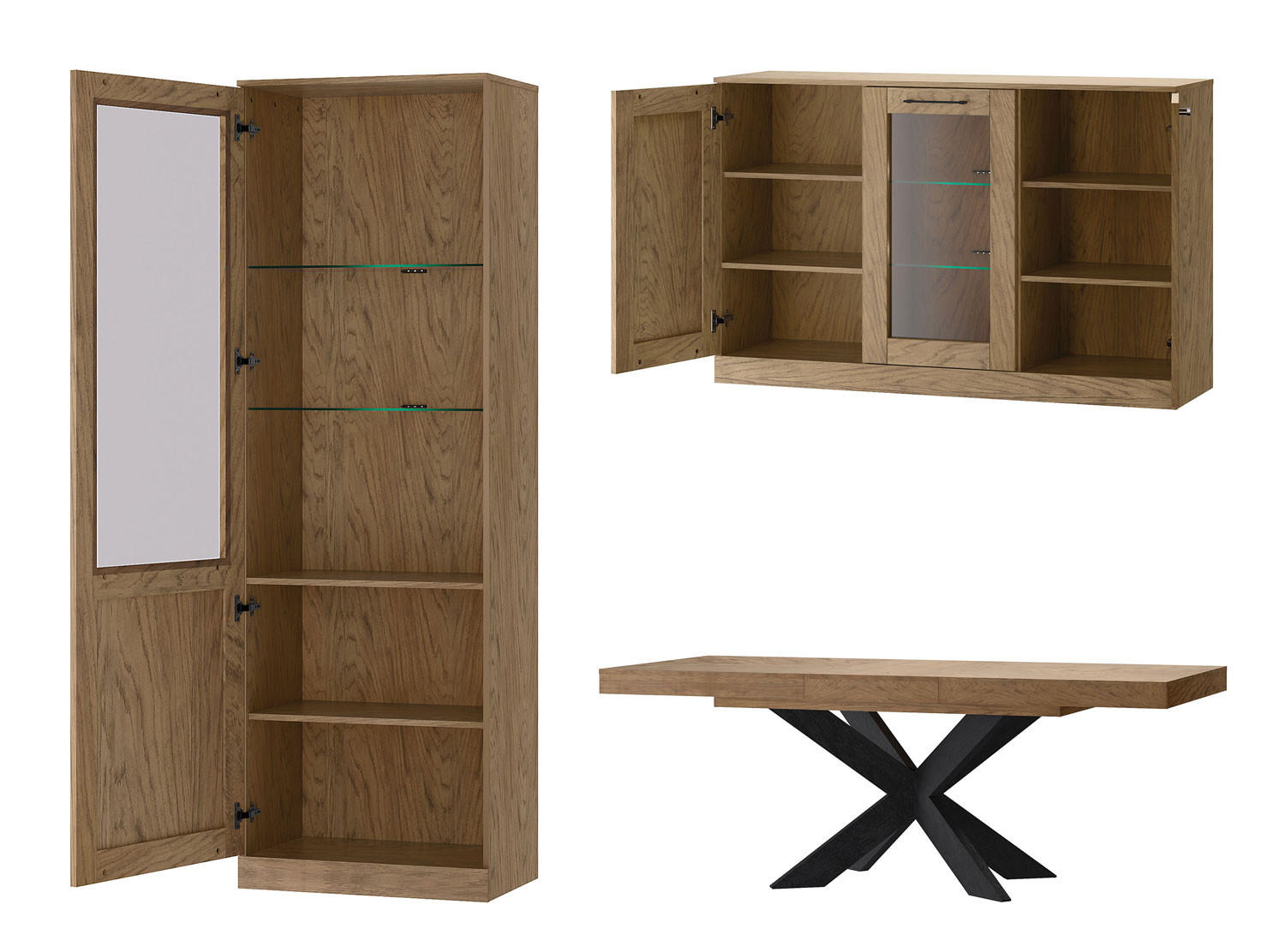 WOHNZIMMER-SET Cozy Eiche Rustikal 4-teilig - Eichefarben/Braun, Holz/Metall (365/198/95cm) - Feldmann-Wohnen