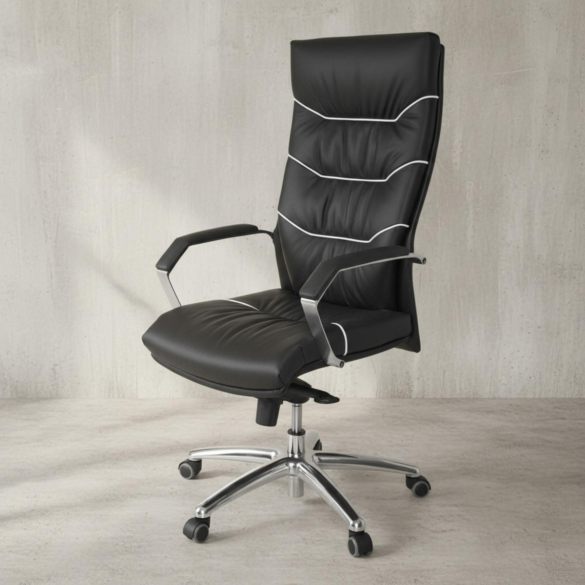 CHEFSESSEL Echtleder mit Soft-Air Polsterung und Aluminiumfußkreuz 5-Punkt-Mechanik KANZAS - Silberfarben/Schwarz, Leder (60/126/55cm) - KADIMA DESIGN