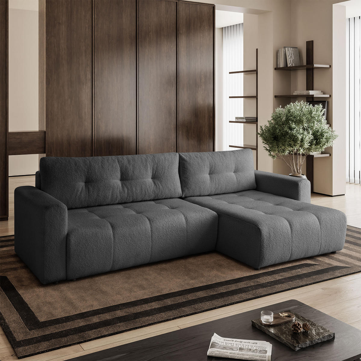 ECKSOFA WALONGO mit Schlaffunktion, Grau - Dunkelgrau, Textil (261/143cm) - Fedve