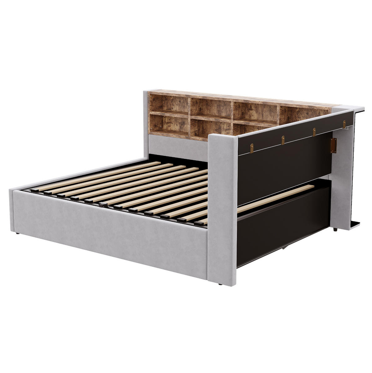 POLSTERBETT 140/200 cm aus Samt mit Stauraum, Nachtlicht und USB, Hellgrau - Hellgrau, Textil (140/200cm) - OKMYHOME
