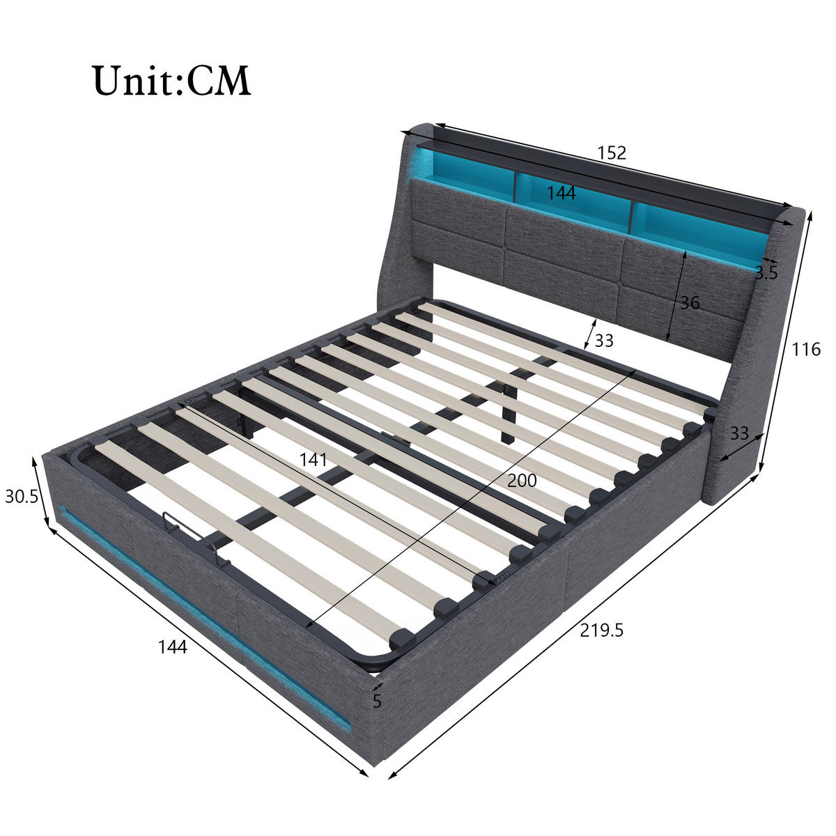 POLSTERBETT 140x200 cm LED USB Stauraum Kopfteil Lattenrost Leinen grau - Grau, Holz (140/200cm) - LEBENLANG