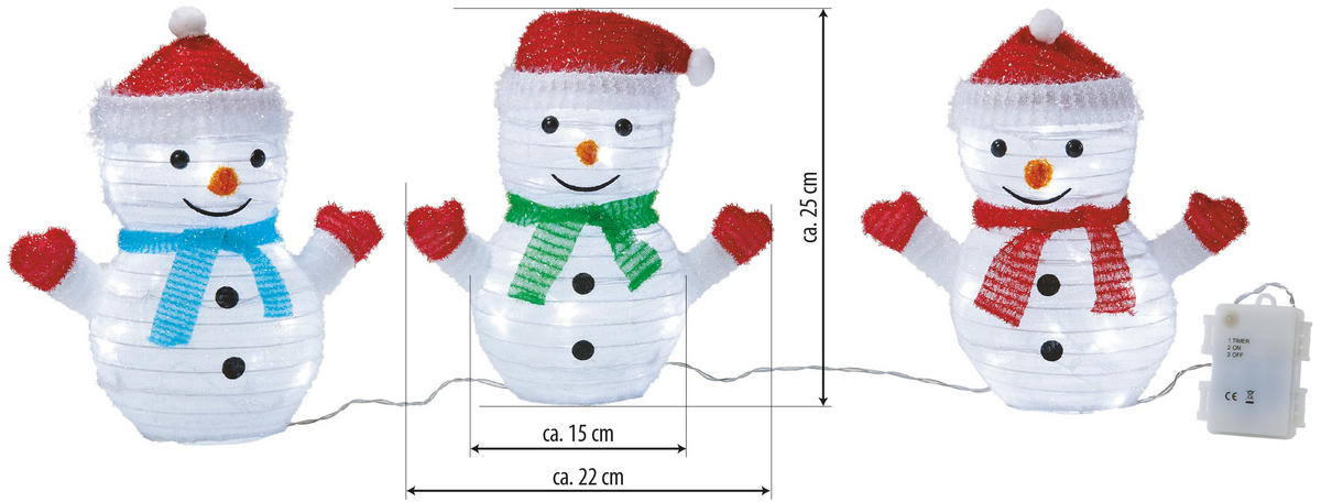 LED-SCHNEEMANN - 45 LEDs mit Timer und wetterfestem Batteriefach für Garten und Vorgarten, 3er-Set - Weiß, Kunststoff (15/22/25cm) - Northpoint