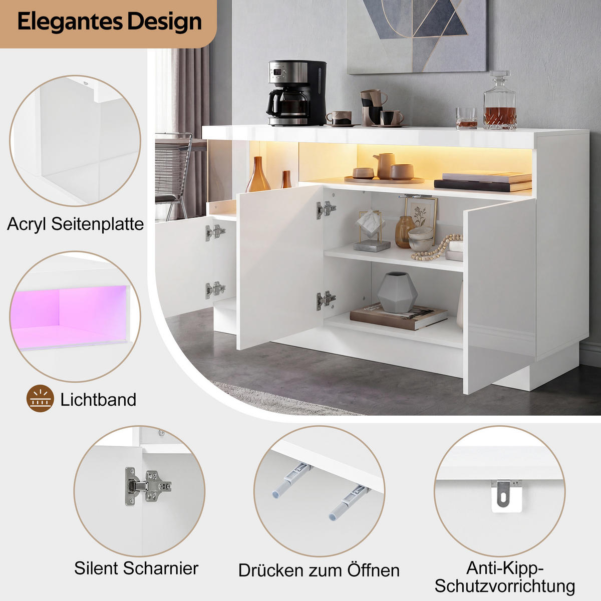 SIDEBOARD DE-37502 140/36/80 cm mit LED-Beleuchtung Weiß Hochglanz - Weiß, Holzwerkstoff (140/80/36cm) - ComfortXL