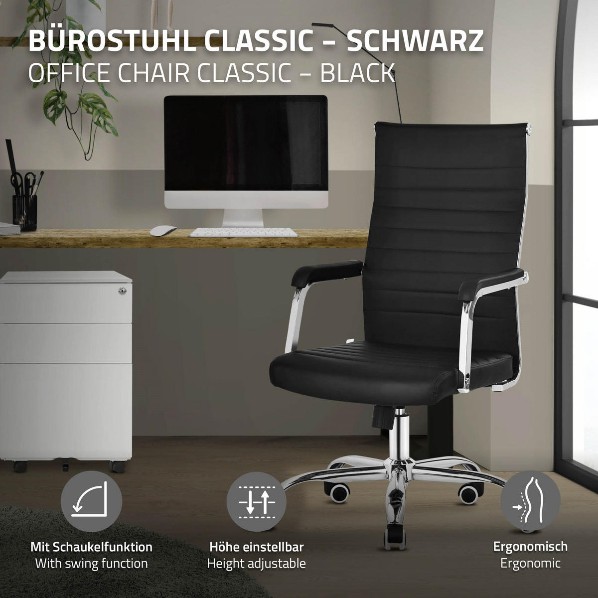 BÜROSTUHL Schwarz aus Kunstleder mit Stahlgestell - Silberfarben/Schwarz, Metall (62/117/62cm) - ML-DESIGN