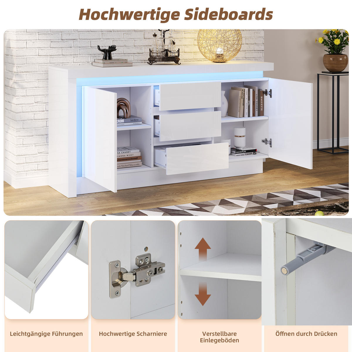 SIDEBOARD LED Weiß 2 Türen 3 Schubladen 140x35x72cm Hochglanz - Weiß, Holzwerkstoff (35/72/140cm) - FLIEKS