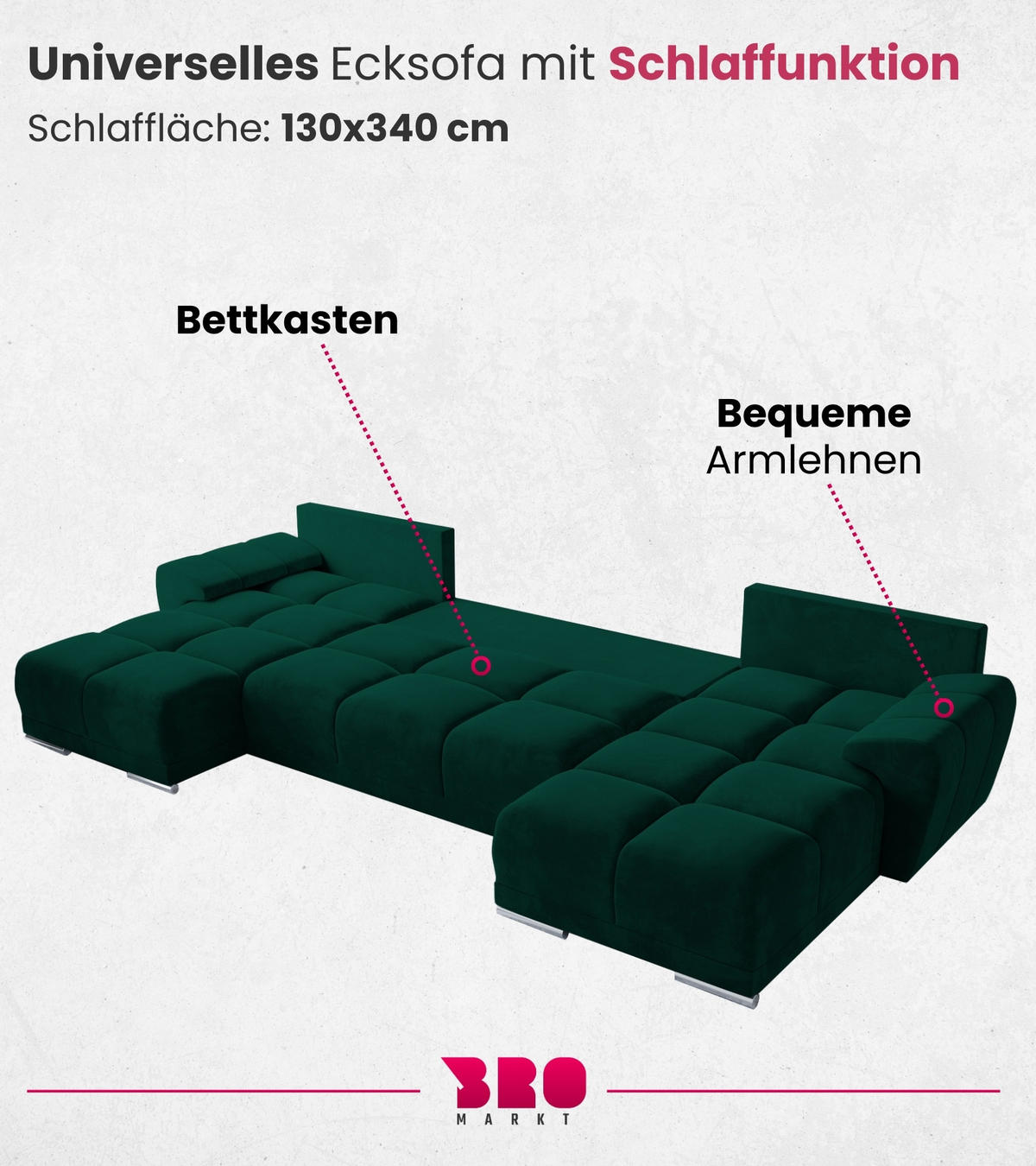 WOHNLANDSCHAFT Nubes mit Schlaffunktion Flaschengrün Plüsch - Silberfarben/Grün, Kunststoff/Textil (372/85/184cm) - Bromarkt
