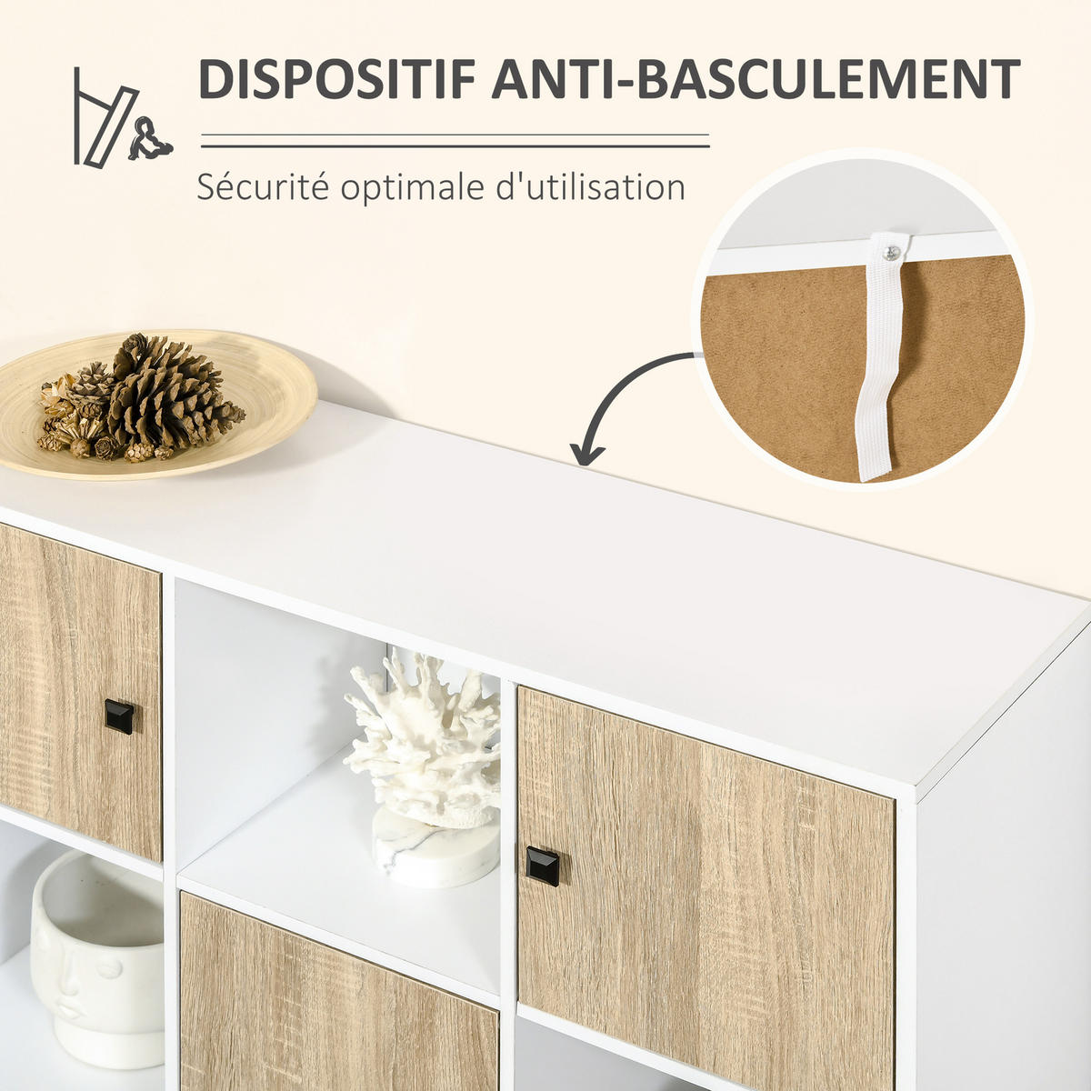 SIDEBOARD DE-11014 9 Würfel mit 3 Türen Weiß/Naturholz - Naturfarben, Holzwerkstoff (96/75/30cm) - ComfortXL