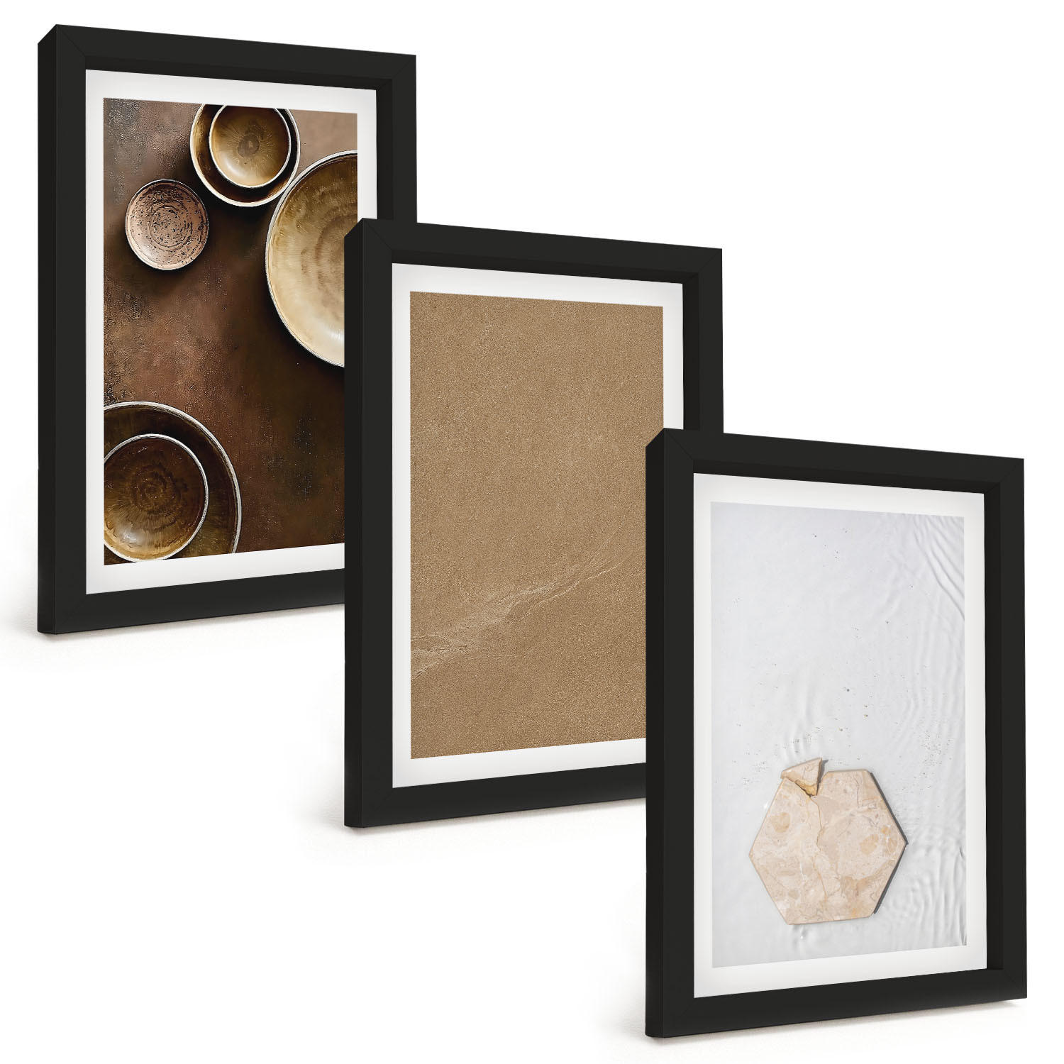 BILDER SET 3er Set - 20x30 cm Schwarzer Rahmen - Minimalistische Texturen und Farben - Schwarz, Kunststoff (20/30cm) - TULUP