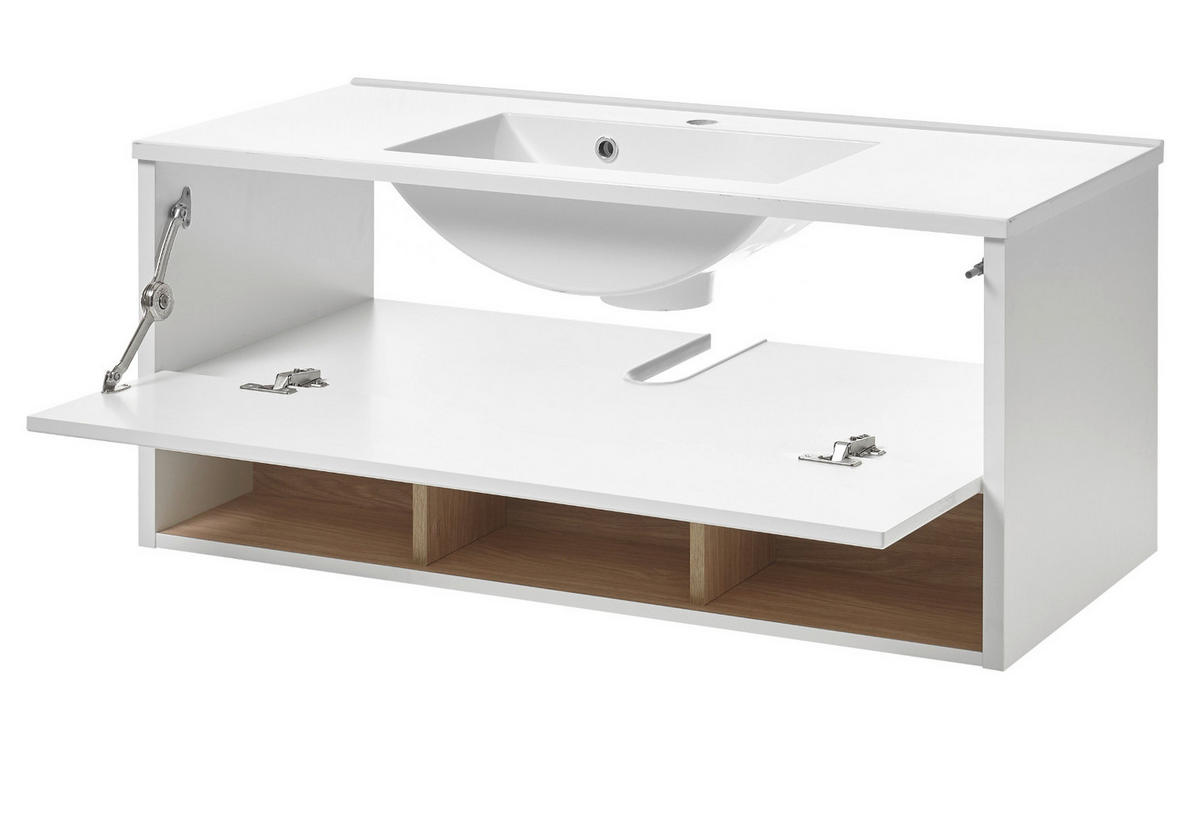 WASCHTISCH weiß Hochglanz und Eiche , Set Waschbeckenunterschrank inklusive Waschbecken, Breite 100 cm - Weiß Hochglanz/Eichefarben, Holzwerkstoff/Metall (100/44/47cm) - Furn.Design