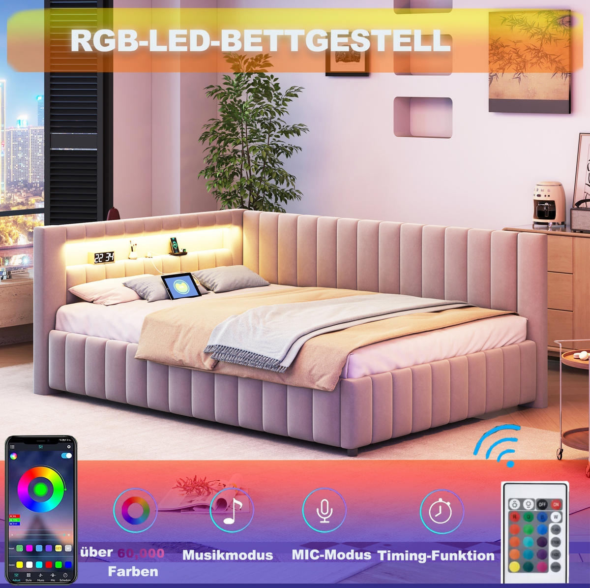 POLSTERBETT 140/200 cm aus Samt mit LED-Beleuchtung, USB-Anschluss und Rückenlehne, Grau - Grau, Textil (140/200cm) - Redom
