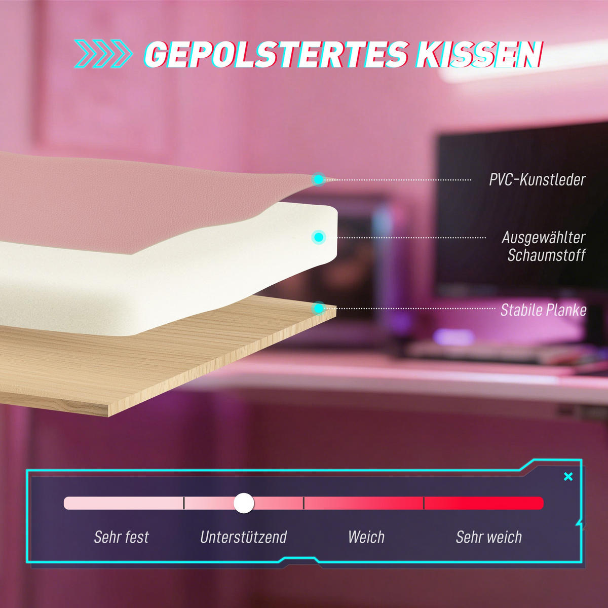 GAMING-STUHL Kunstleder Rosa - Rosa/Weiß, Kunststoff/Textil (53/128/63.5cm) - Vinsetto