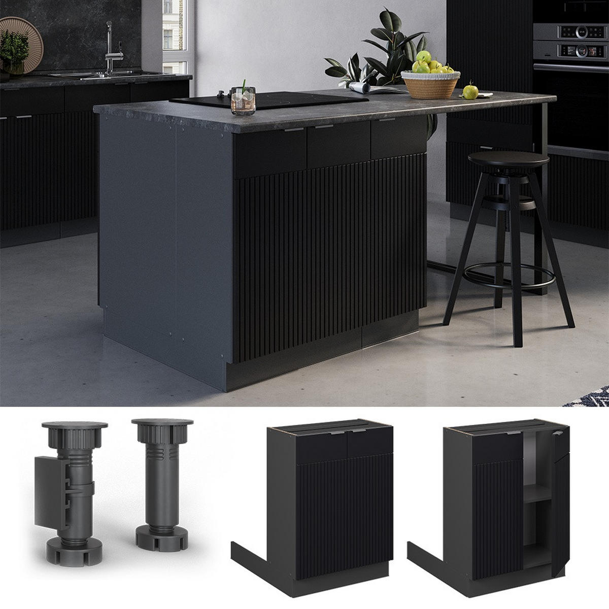 KÜCHENINSEL Fame-Line Schwarz gestreift 60 cm ohne Arbeitsplatte - Anthrazit/Schwarz, Holzwerkstoff (60/82/70cm) - Vicco