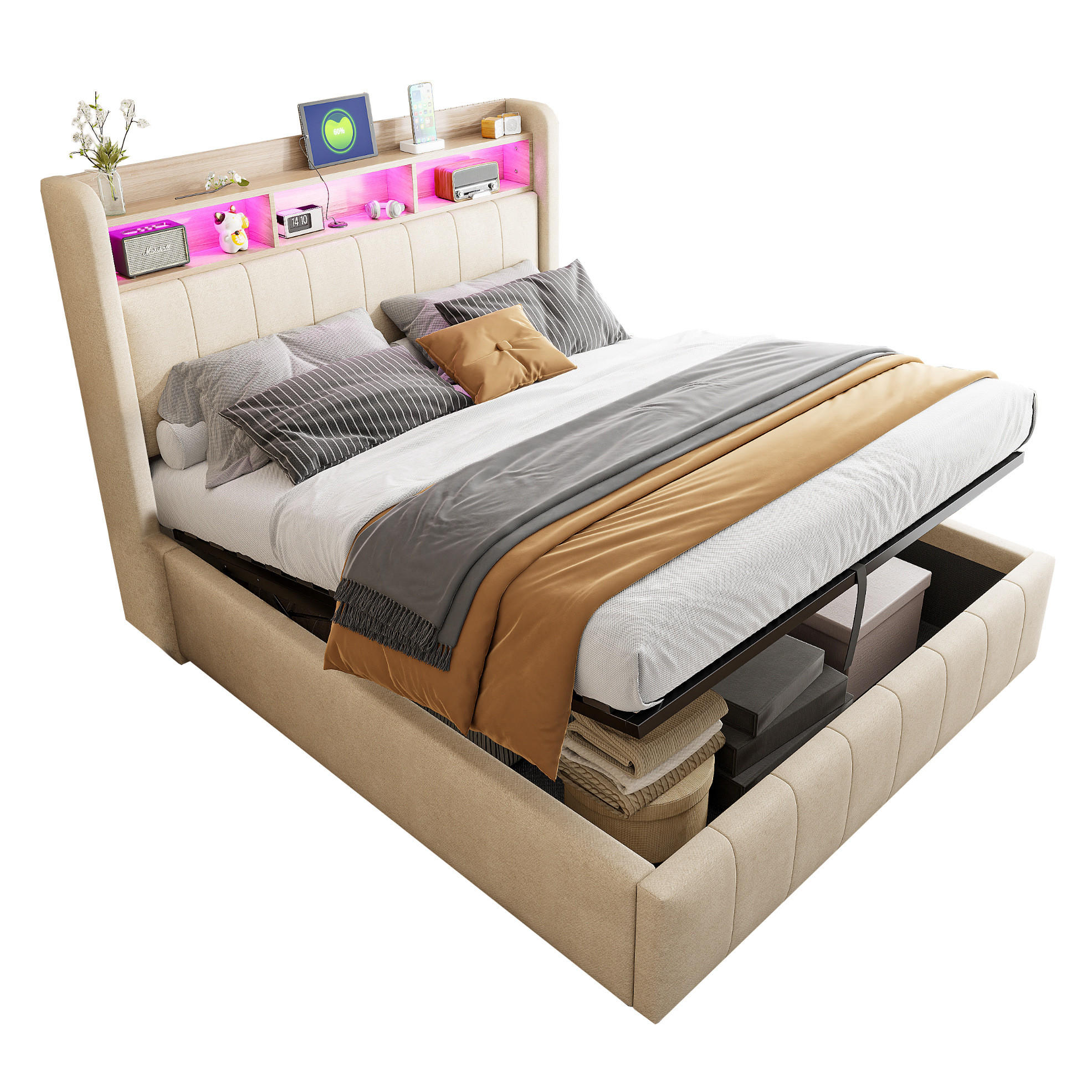 POLSTERBETT 140/200 cm Beige mit LED-Beleuchtung, Stauraum und USB/Type-C - Beige, Textil (140/200cm) - Flora Grace