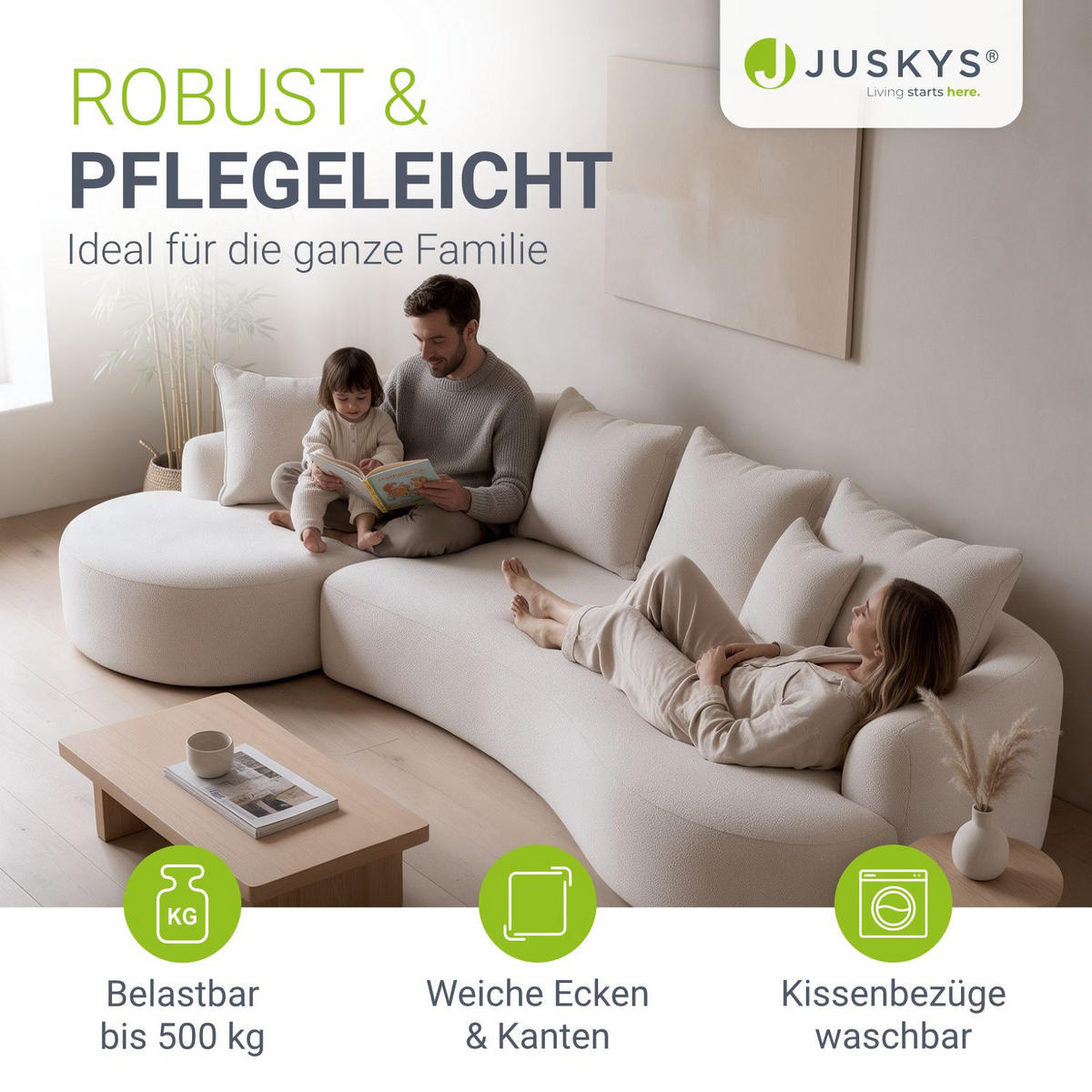 SOFA Tirano Bouclé Creme mit Ottomane links - Creme, Textil (102/300cm) - Juskys